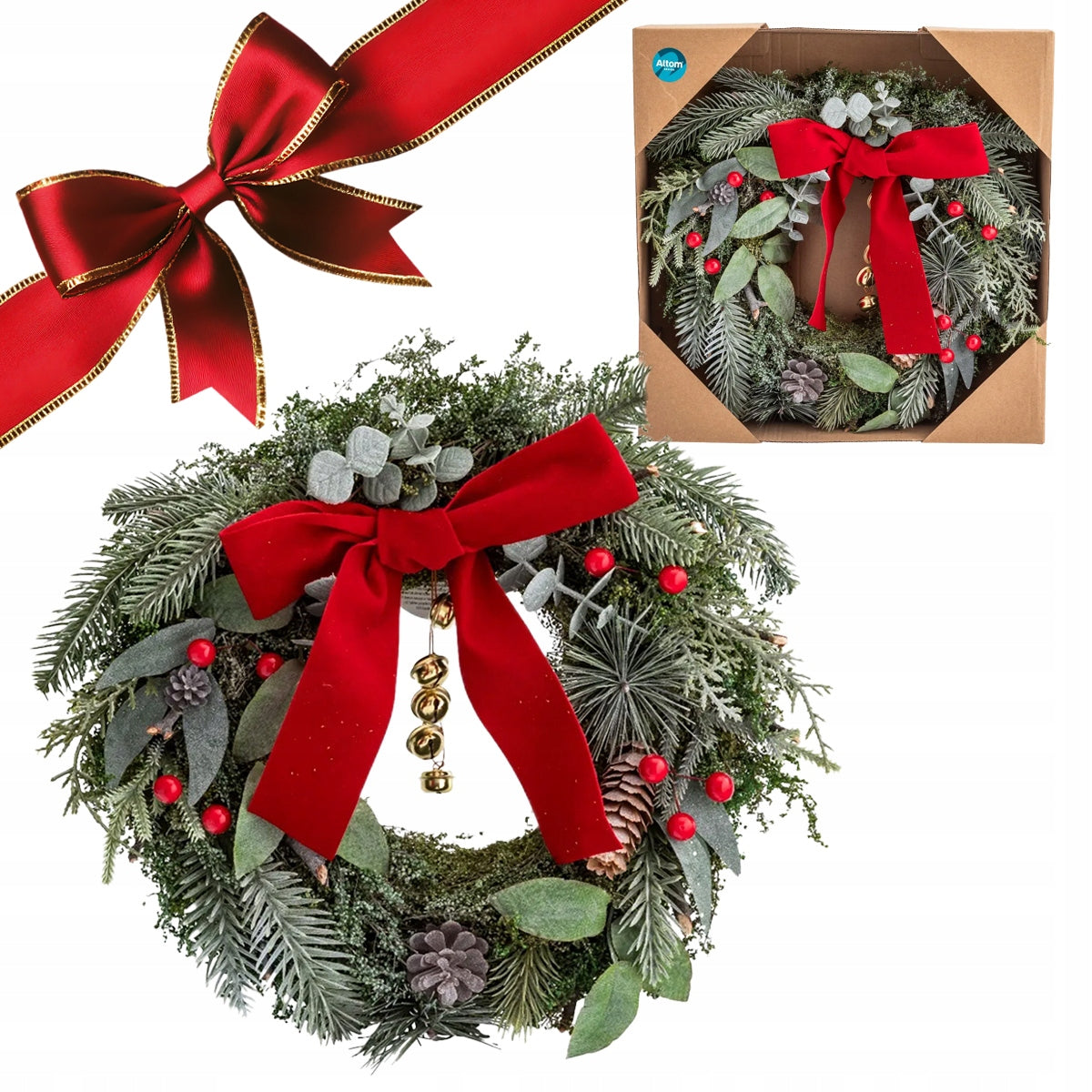 Christmas door wreath wall with red bow Altom Design 32 cm