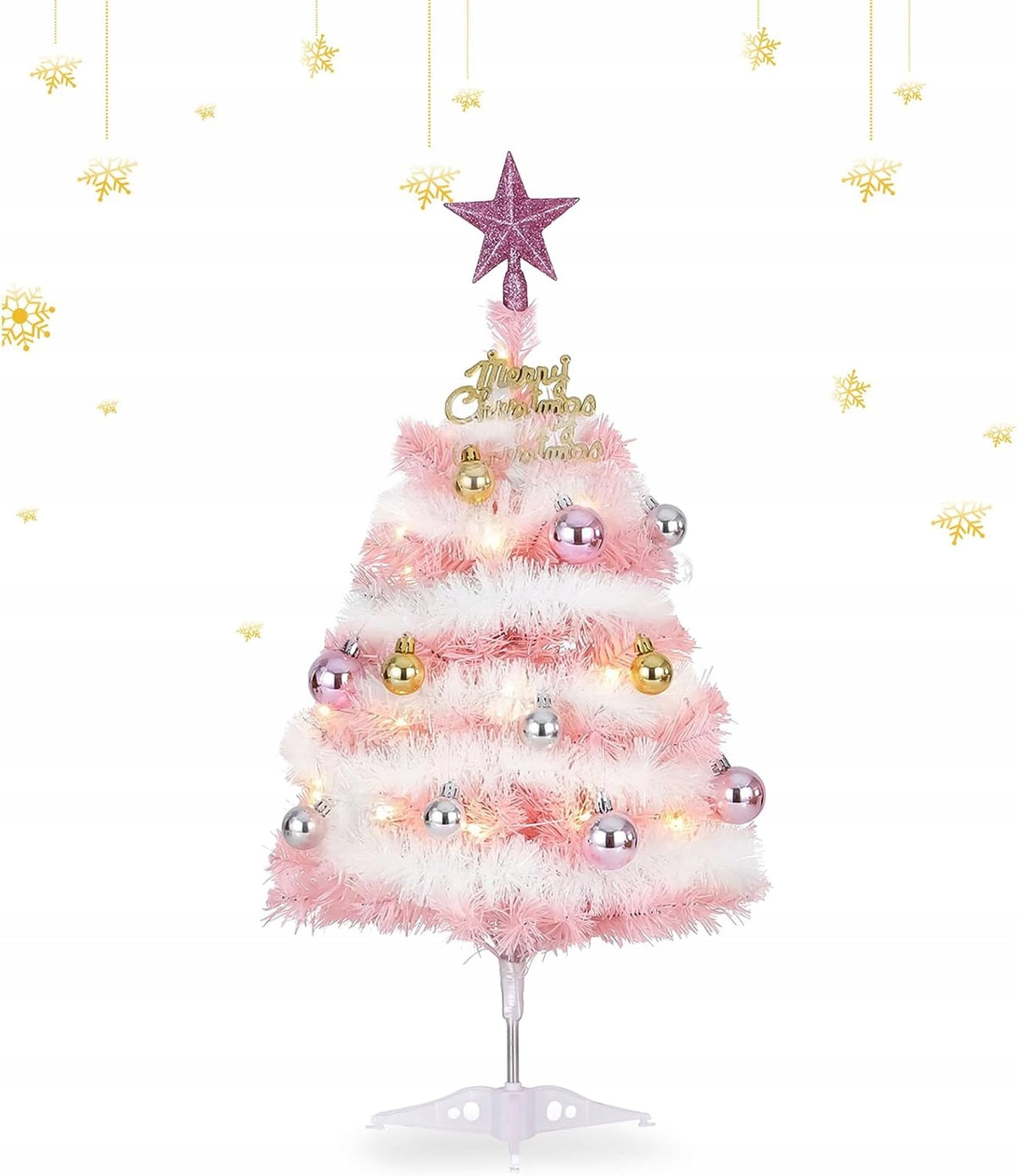 Christmas tree artificial mini decorative pink with baubles lights star 60cm