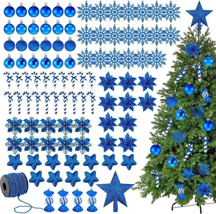 Christmas tree decorations blue set baubles stars snowflakes canes decorations