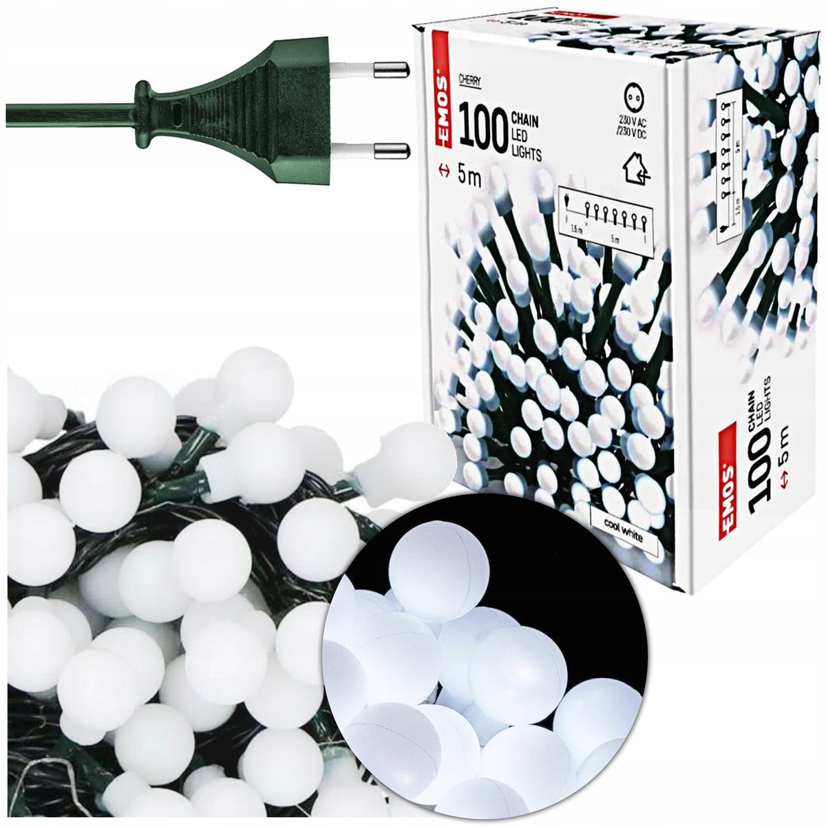 Christmas tree lights MILK BALLS balls 100 LED 5m cherry COLD WHITE