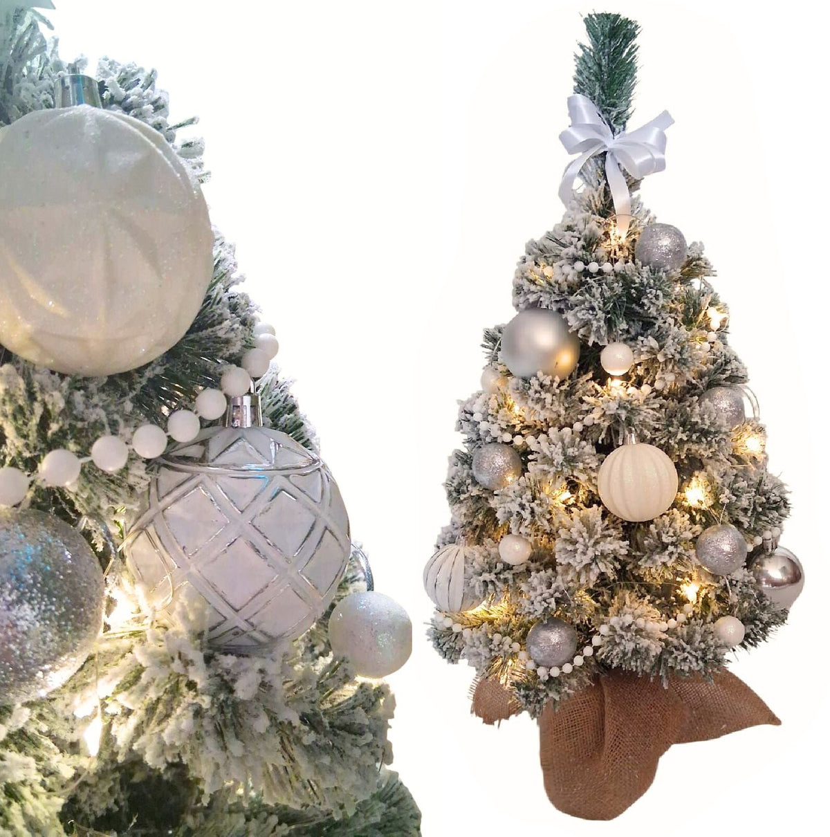 Christmas tree snow-covered small artificial 60cm silver + ornaments, baubles, LED
