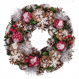 Christmas wreath natural 30 cm for door cones baubles snow-covered reed
