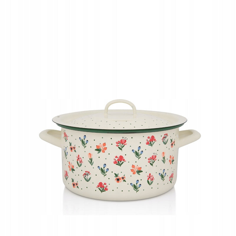 Classic enamel pot with lid 22 cm, 5 l, light cream, Flowers