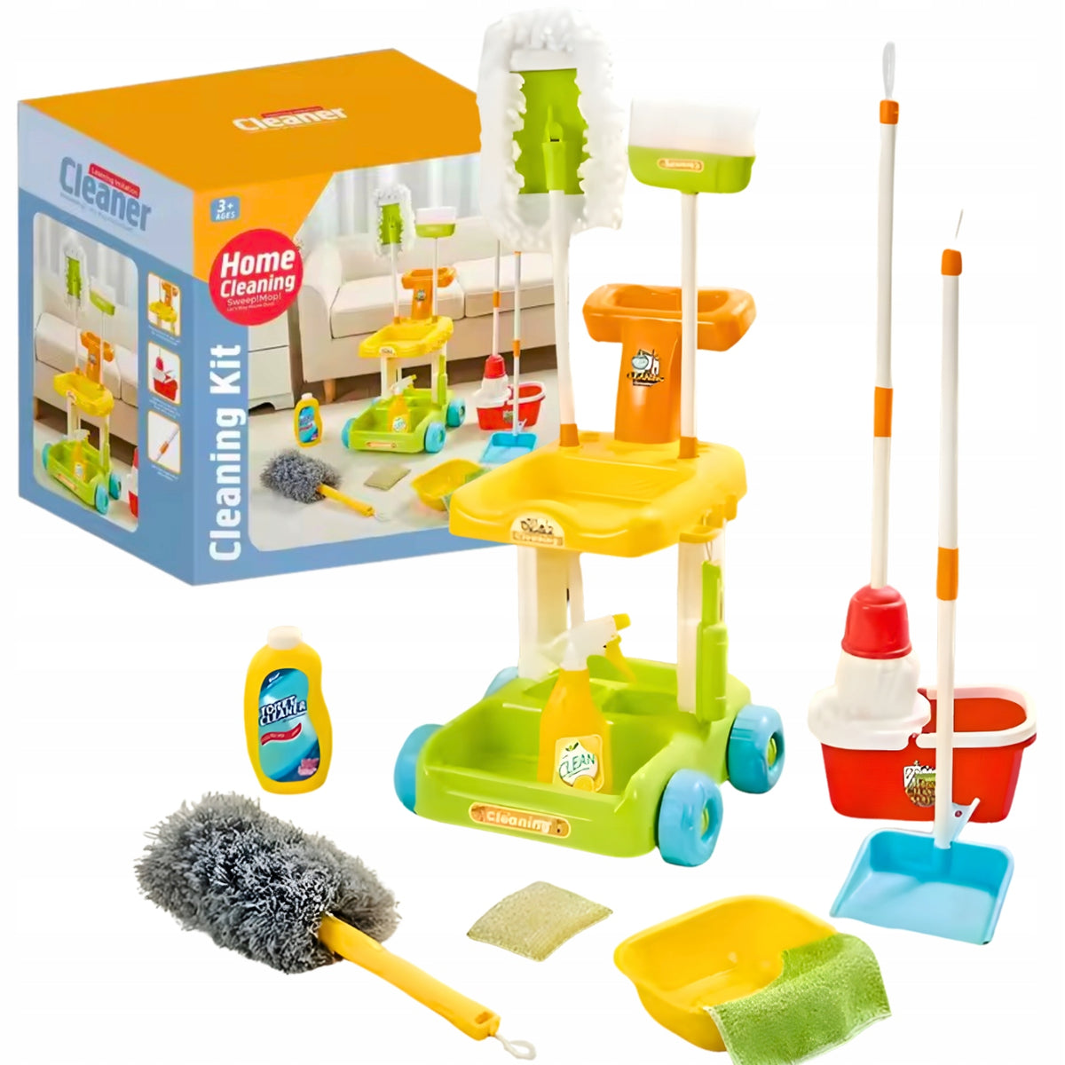 Cleaning kit for children trolley mop bucket broom accessories 23 el. 3+