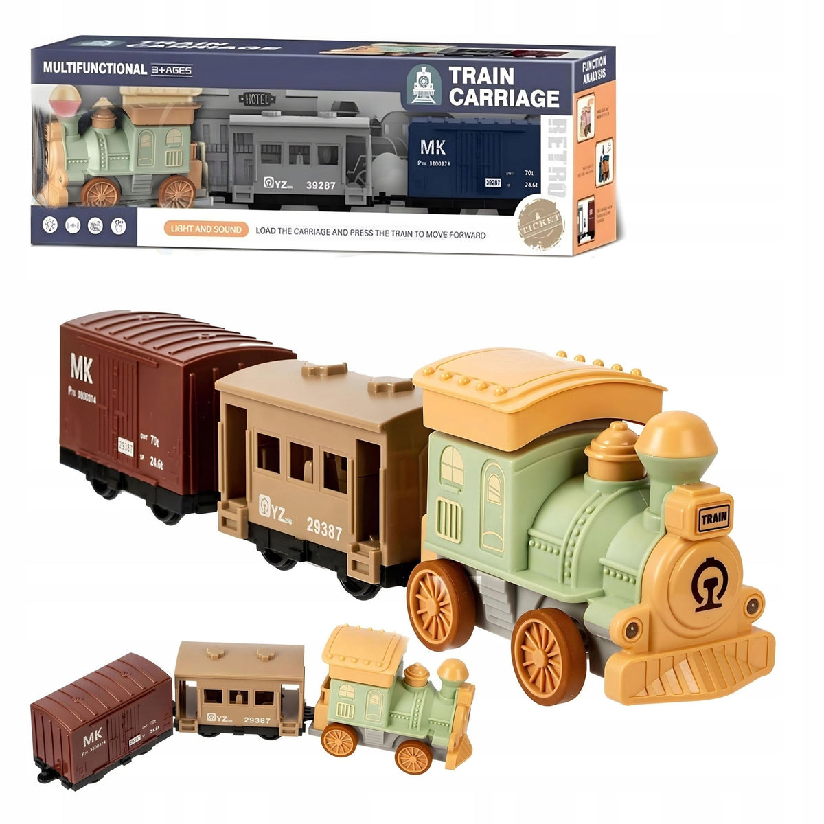 Clothes interactive train queue drive wagons sounds light toy Packaging status original