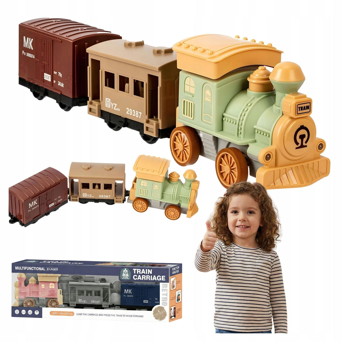 Clothes interactive train queue drive wagons sounds light toy