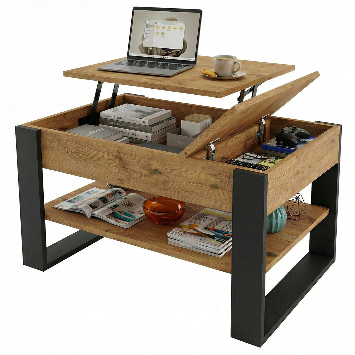 Coffee Table Folding Raised Top 92cm Storage Oak Lancelot 92x54x45