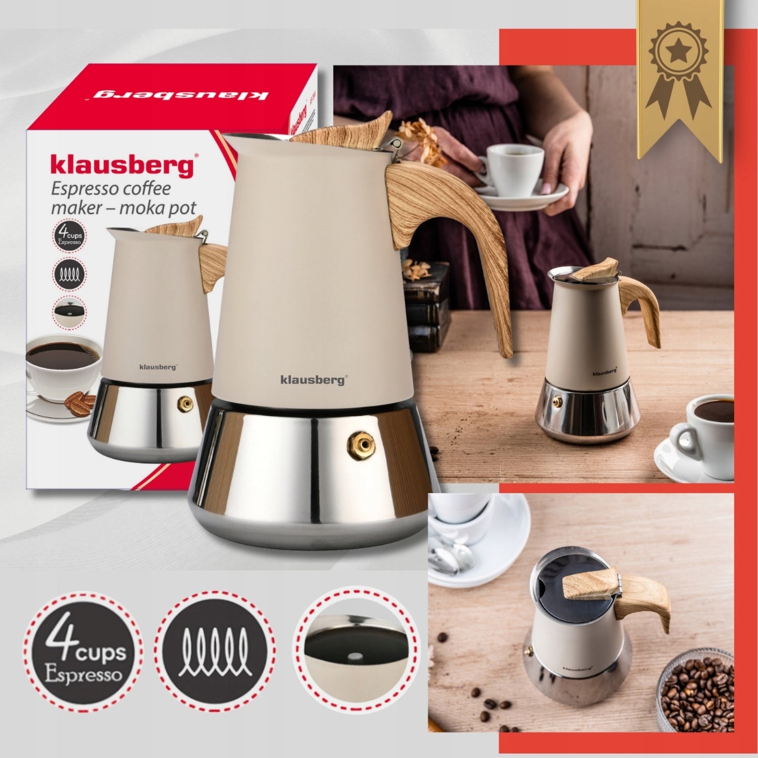 Coffee maker Klausberg KB-7994 4 cups Moka Induction Gas Premium Steel Manufacturer code KB-7994