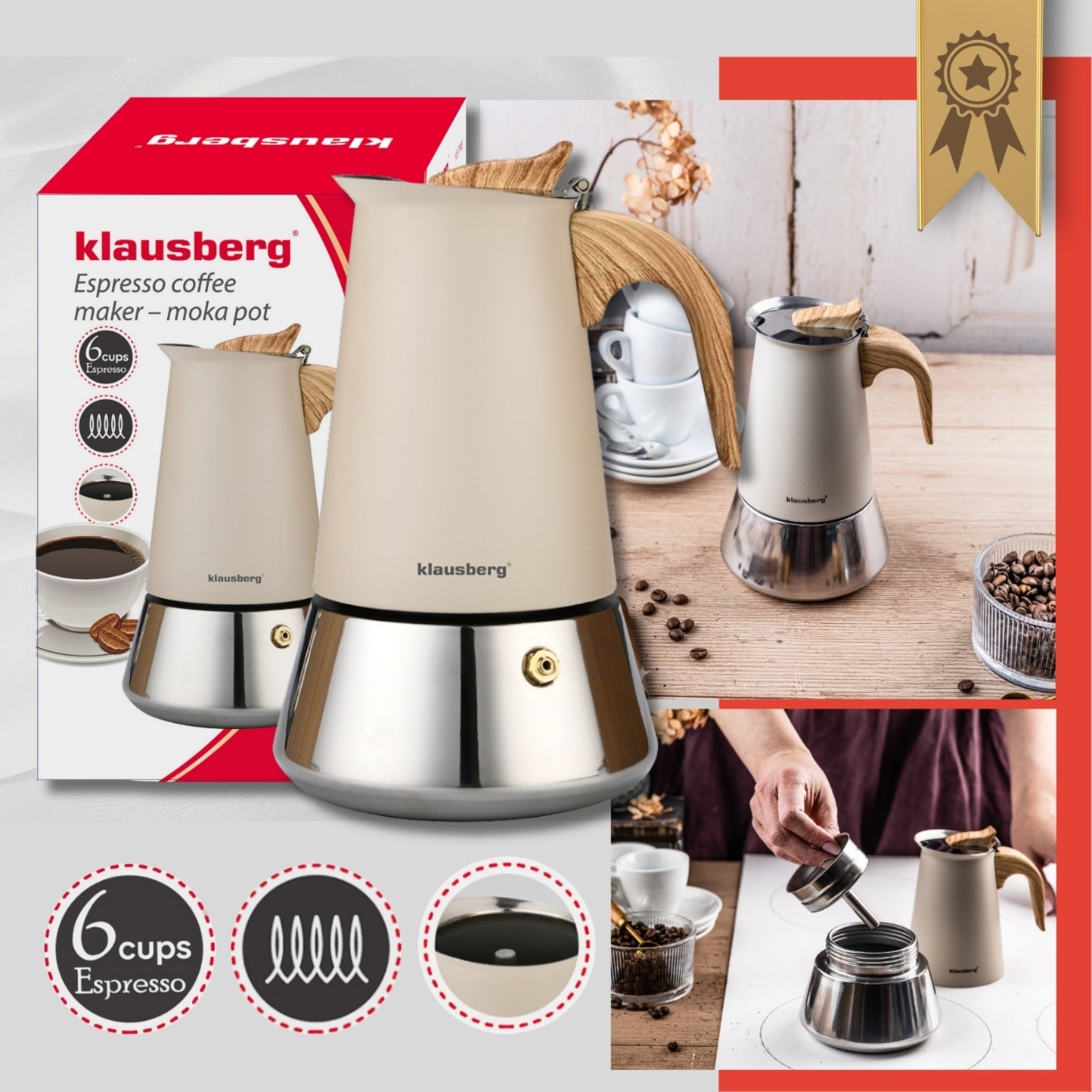 Coffee maker Klausberg KB-7995 6 cups Moka brewer steel induction Espresso gas Manufacturer code KB-7995