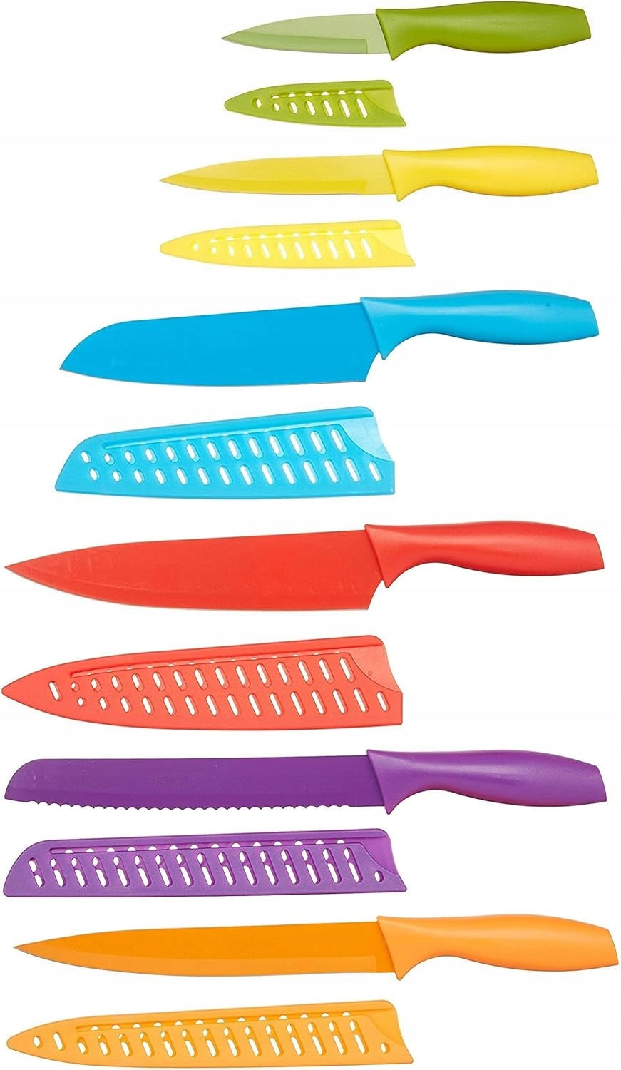 Color-coded kitchen knife set, sharpener, 6 knives and 6 covers