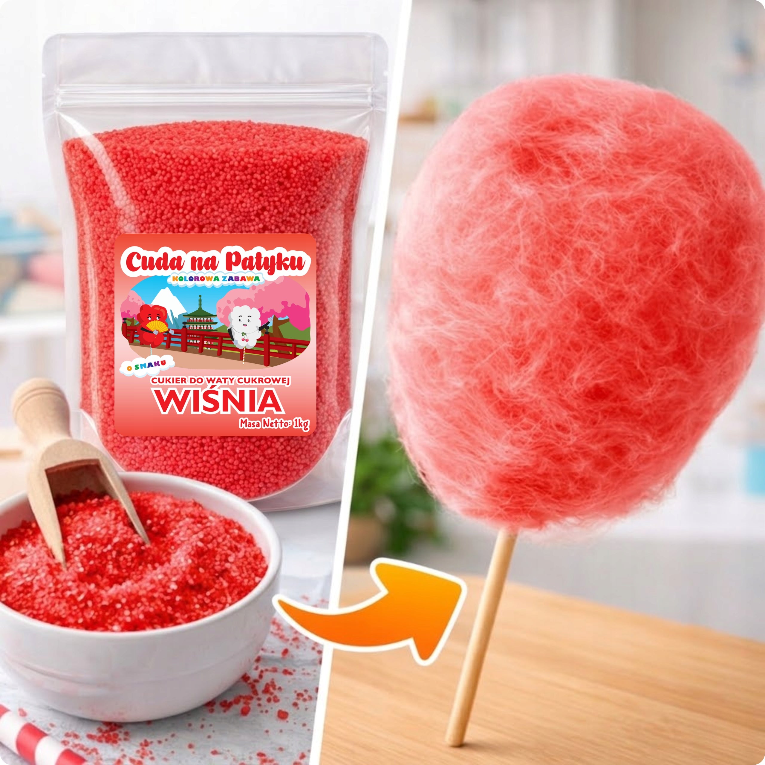 Colorful Cotton Candy Sugar for CHERRY Flavour Machine 1KG Manufacturer code Wiśniowy 1 KG Cukier DoyPack S