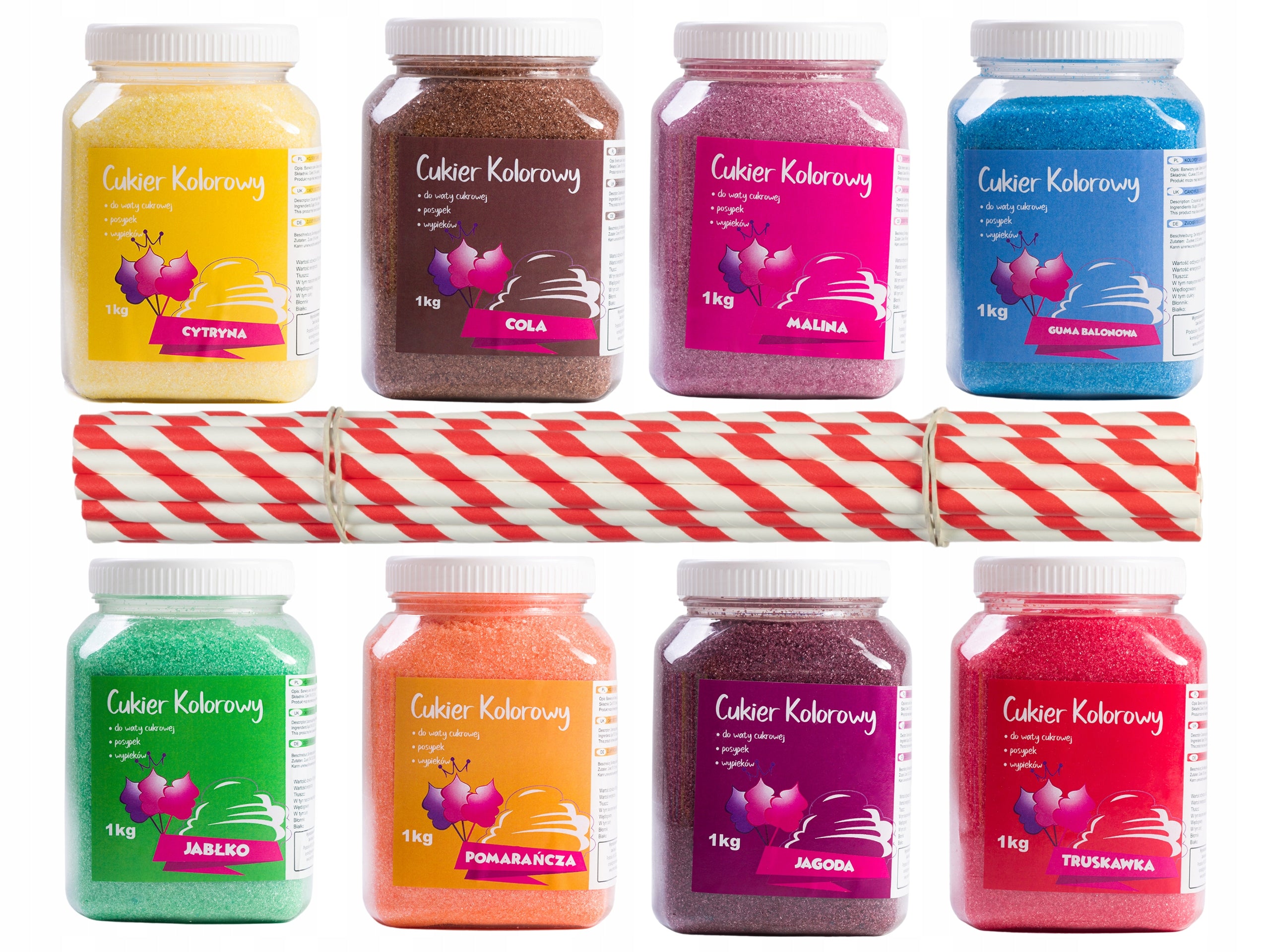 Coloured sugar 8x1kg for cotton wool +20 sticks freebie