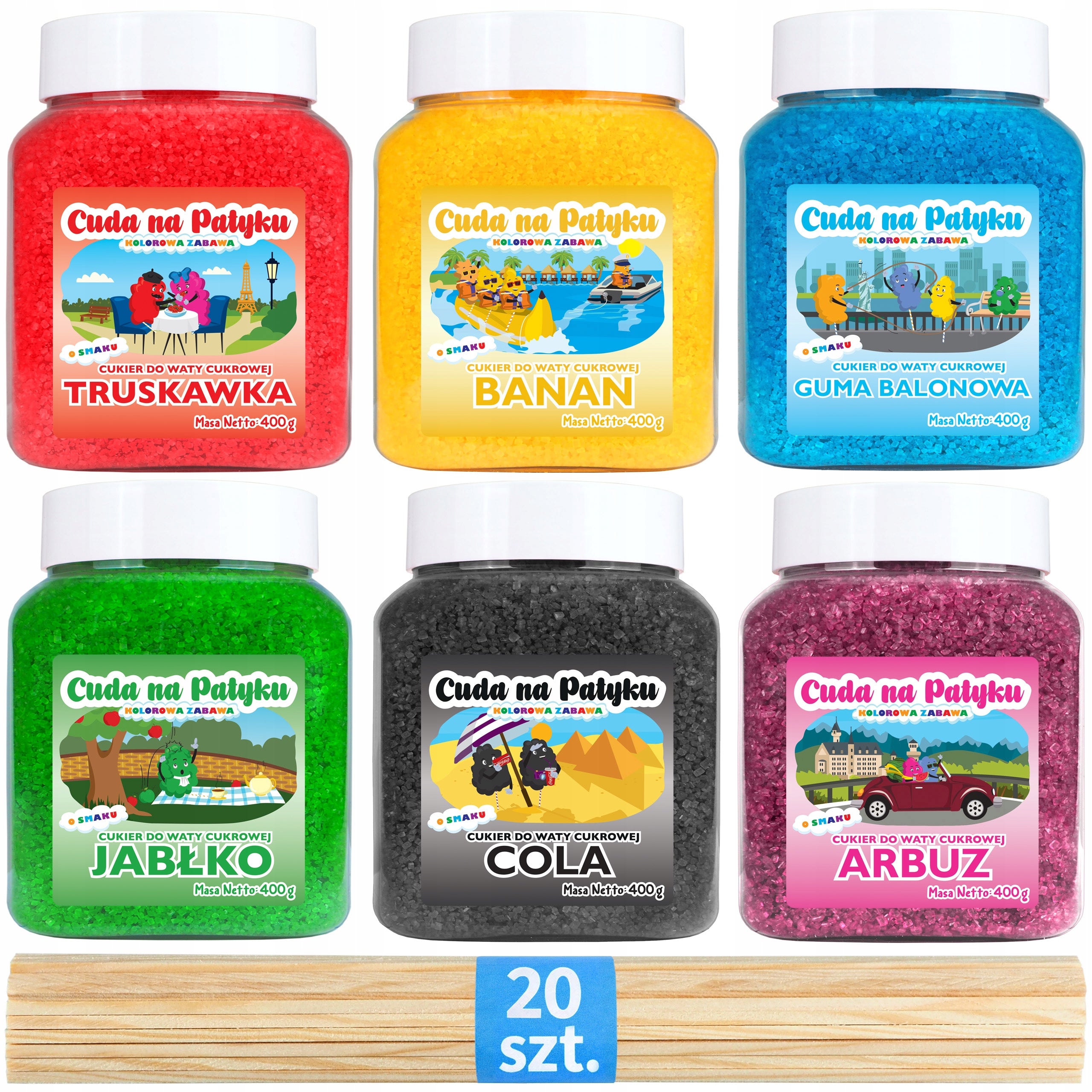 Colourful sugar for cotton candy flavored 6x400 g rough sticks 20 pcs