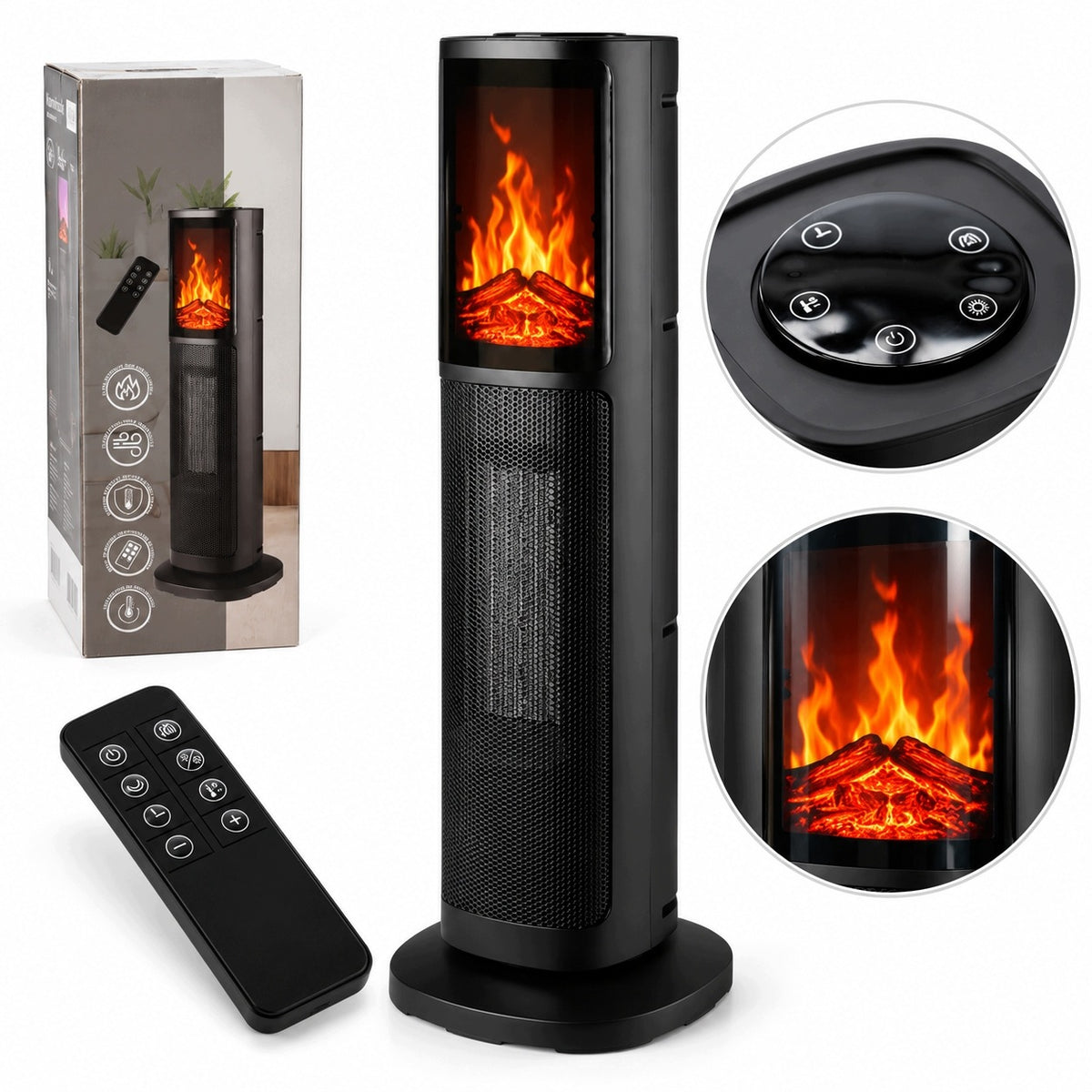 Column fan 2000W PTC flame effect pilot oscillation