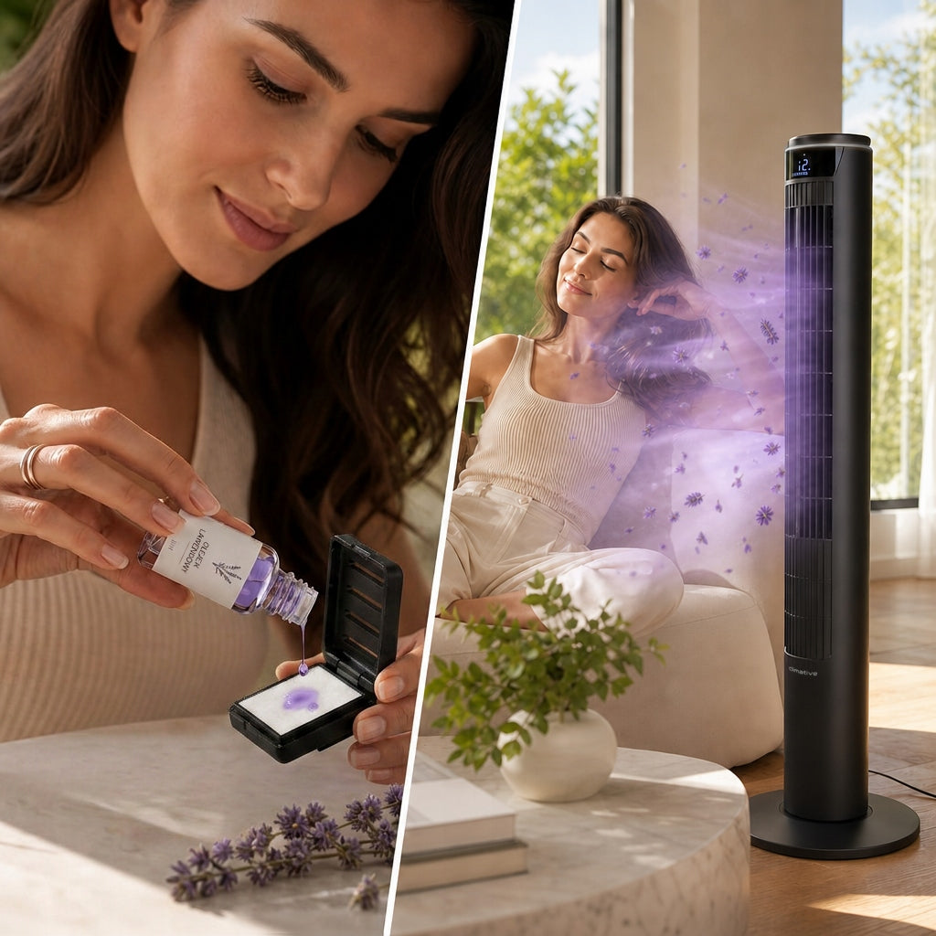 Column fan CLIMATIVE MIST silent fan MIST+IONIZATION+AROMA Functions ionization air humidification air purification oscillation automatic oscillation tilt angle adjustment timer