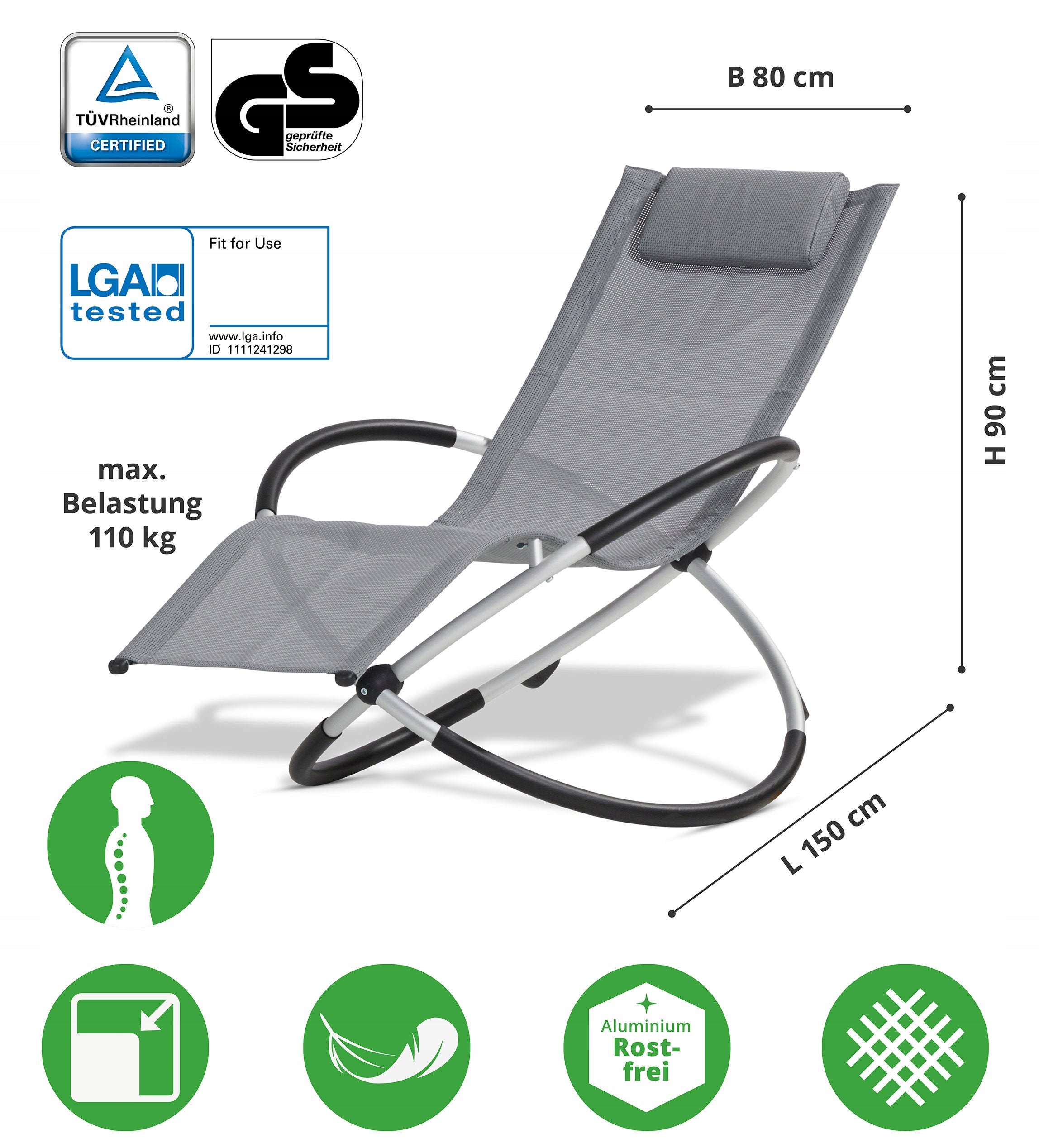 Comfortable Aluminum FOLDING Armchair Garden Beach Lounger ROCKING Light Grey Color gray
