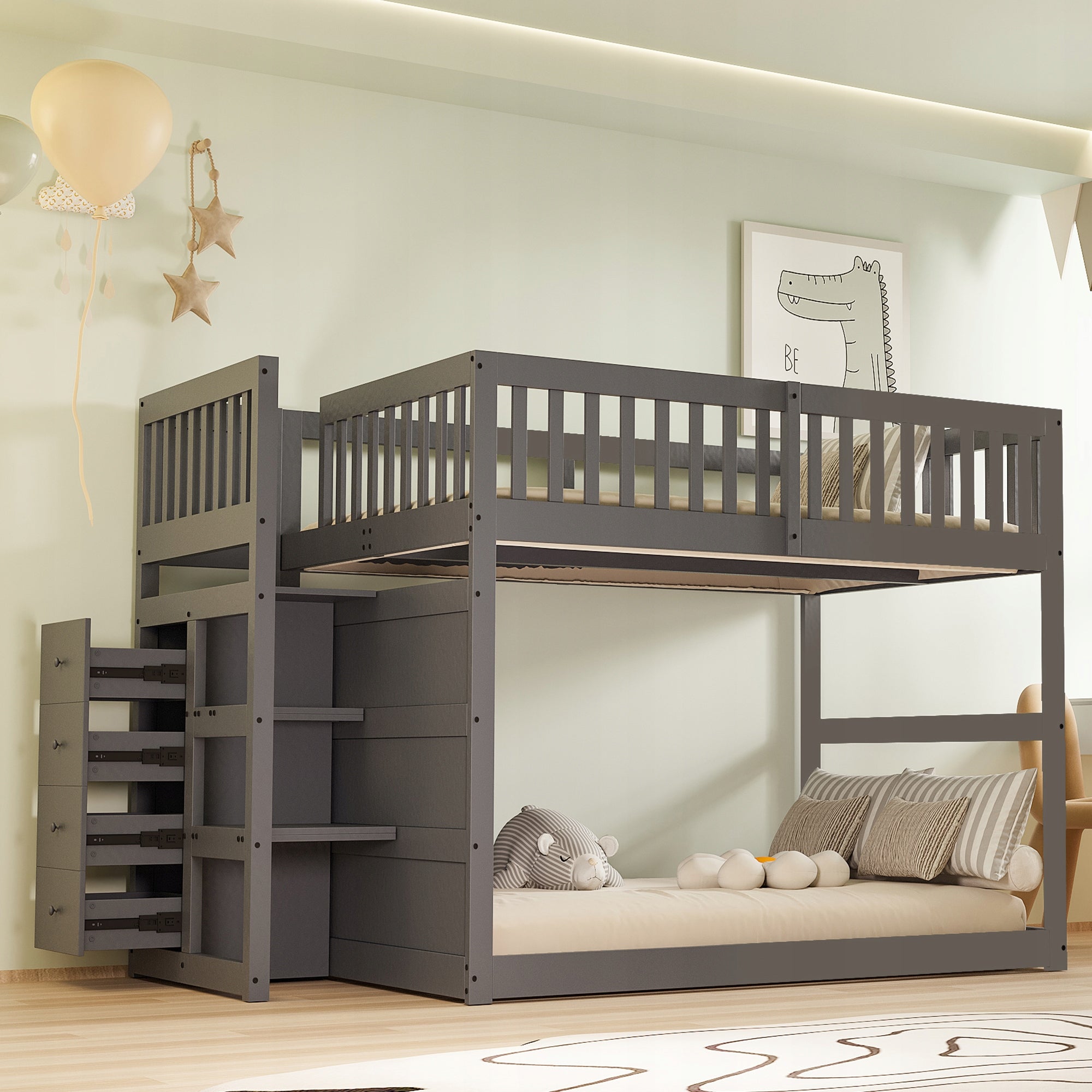 Comfortable Low Bunk Bed 140x200 cm with Safety Barrier and Storage Space Brand no brand