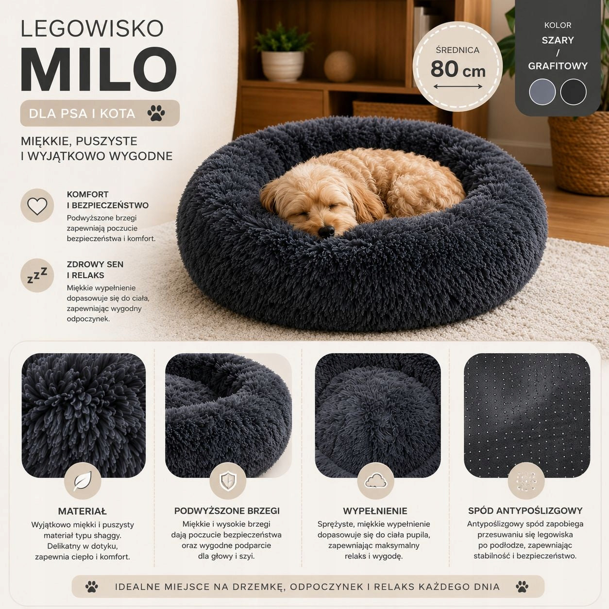 Comfortable dog and cat bed MILO 80 cm, fluffy, non-slip Brand KUNERT