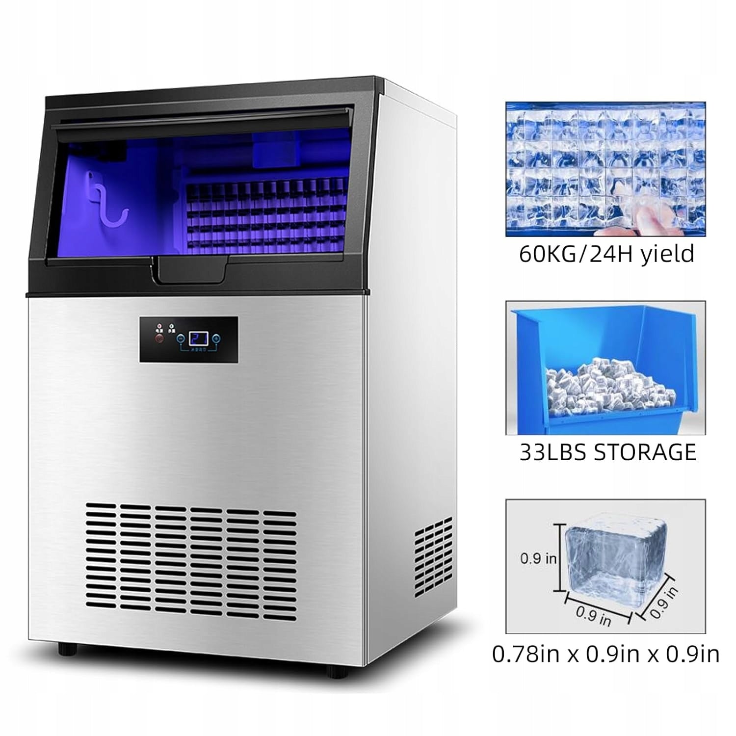 Commercial 350W Ice Maker – 60kg/24h, 40 Cubes in 8-15 Min, LCD Display Brand no brand