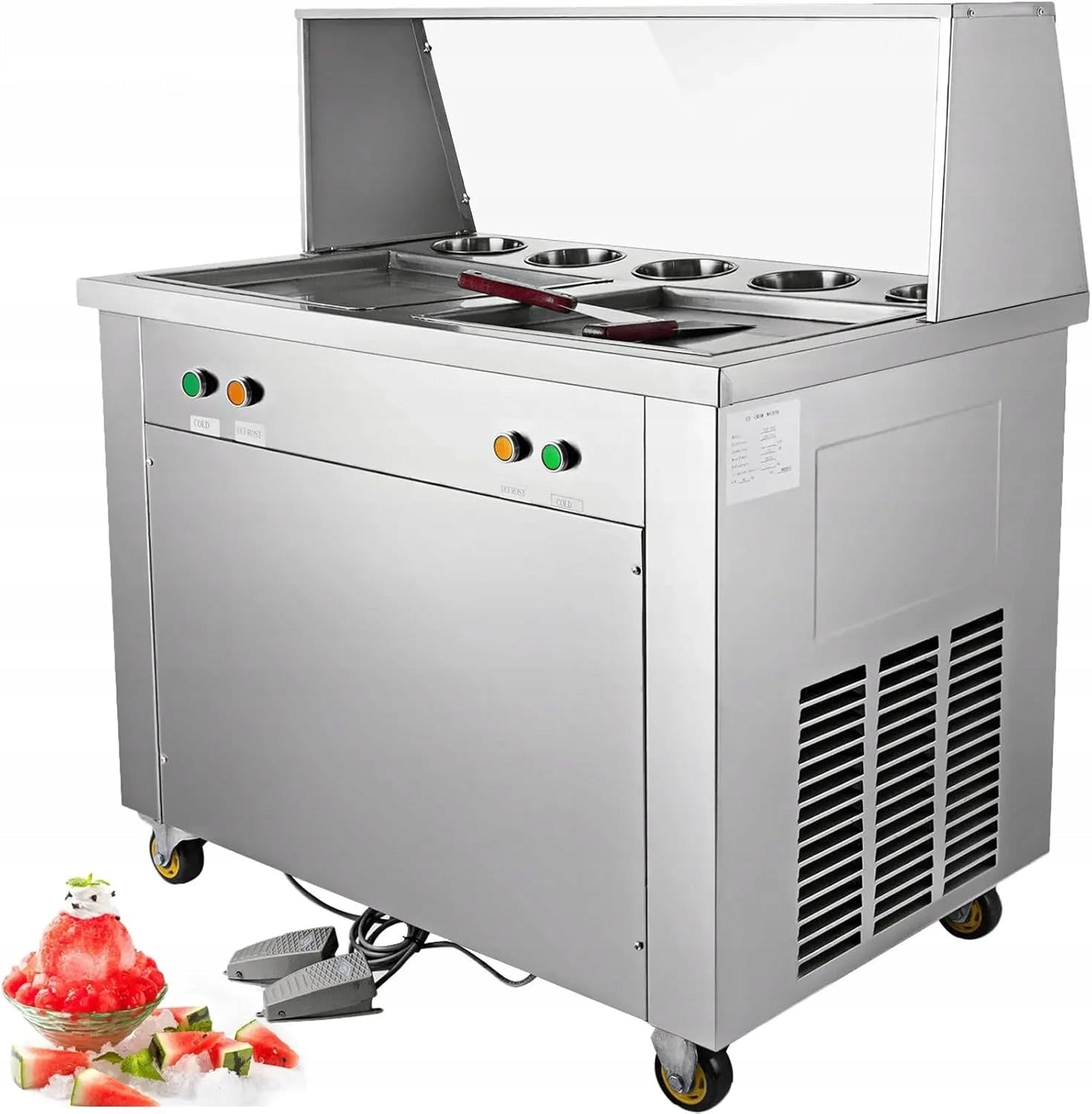 Commercial Rolled Ice Cream Maker, Food Grade Steel Compressor, Double Pot
