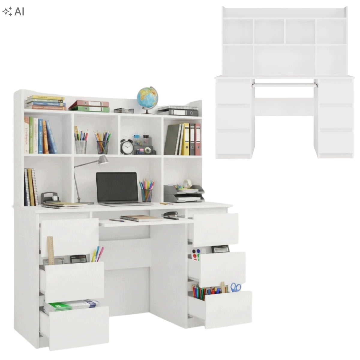 Computer Desk For Children With Extension 130cm With Drawers Shelf White