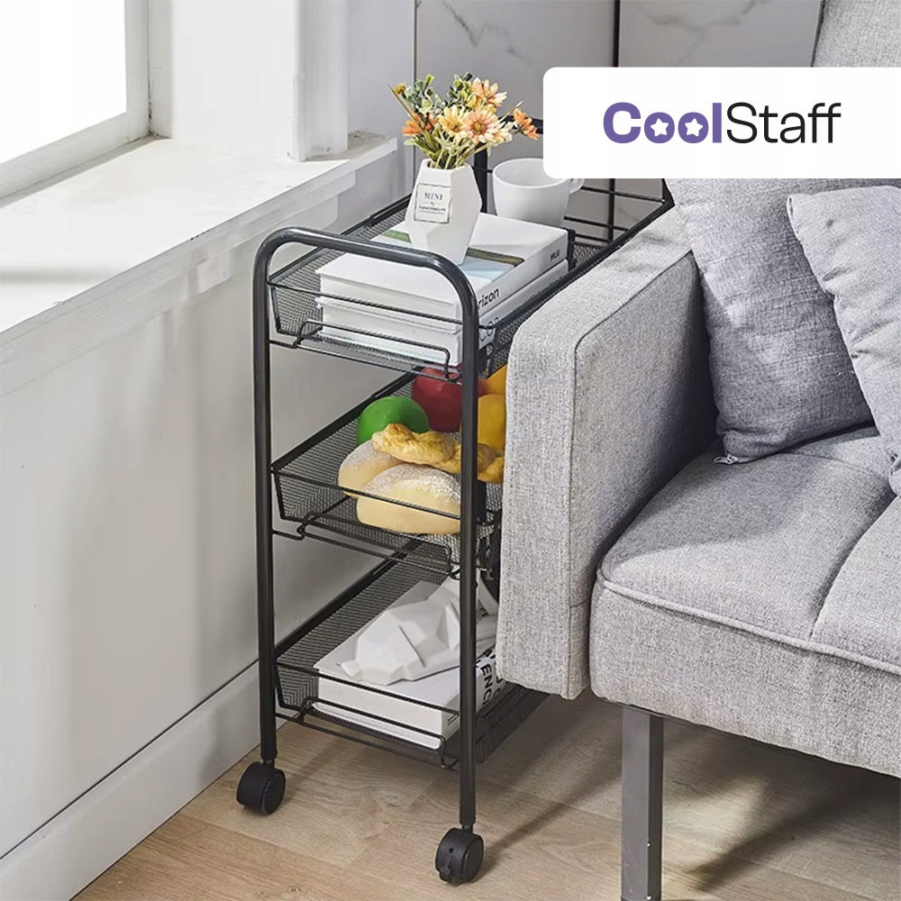 CoolStaff Kitchen Rack Bathroom Cabinet On Wheels 3 Baskets Black 64cm Packaging status original