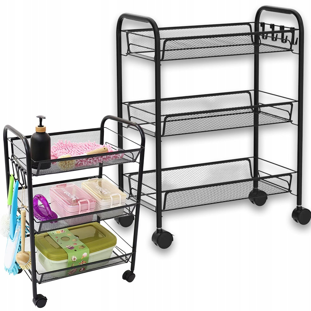 CoolStaff Kitchen Rack Bathroom Cabinet On Wheels 3 Baskets Black 64cm