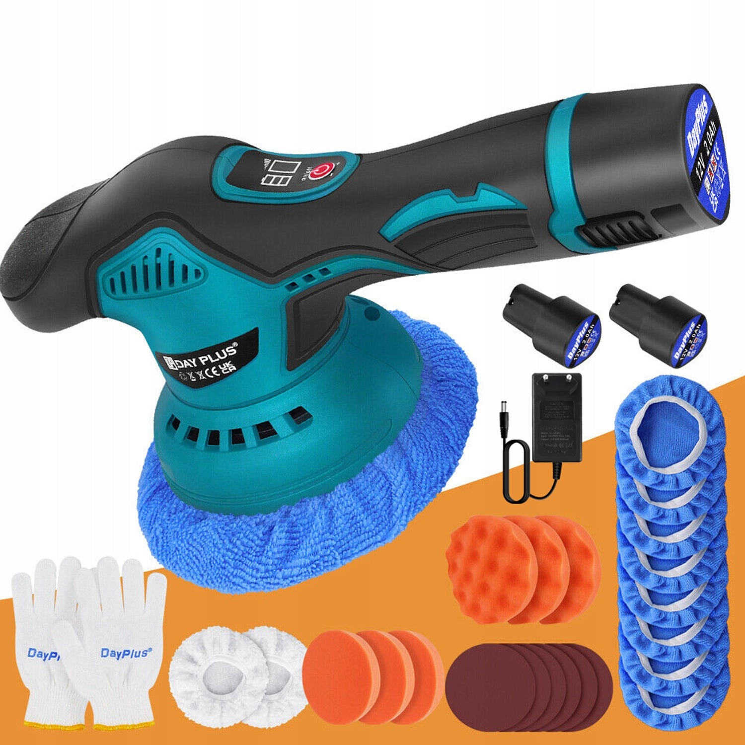Cordless Car Buffer Polisher 12V, 2x 2.0AH Batteries, 8 Speeds