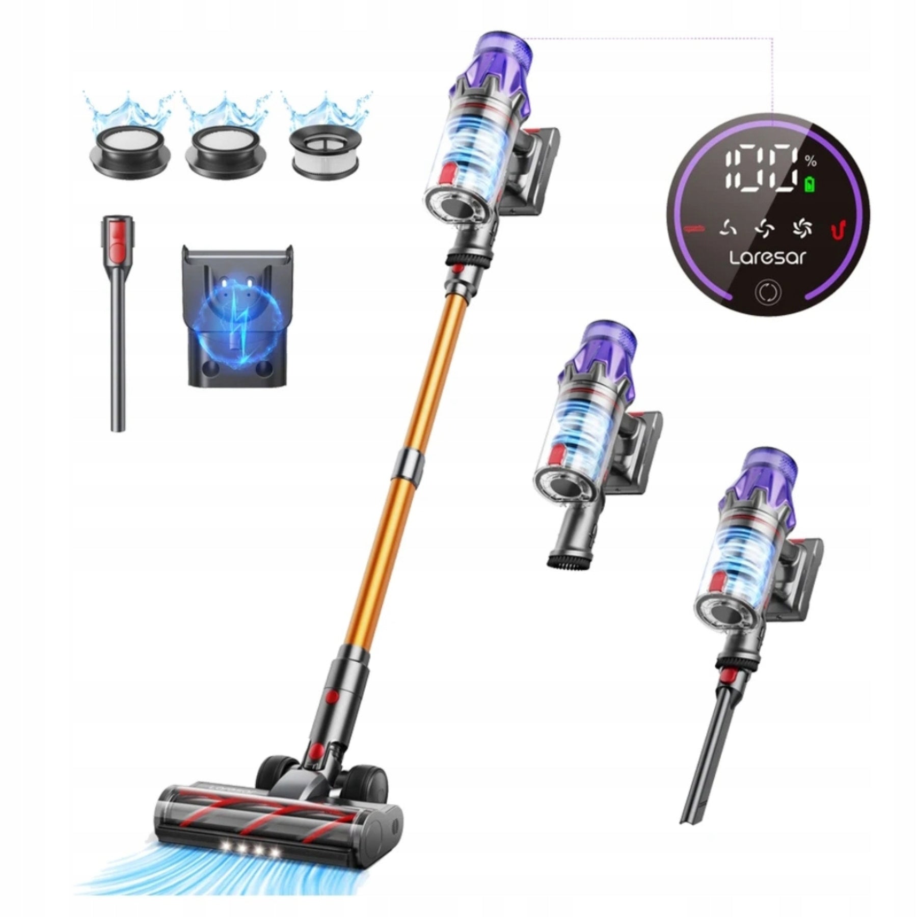 Cordless Vacuum Cleaner 3 Interchangeable Vertical Handheld Tips with HEPA Filters