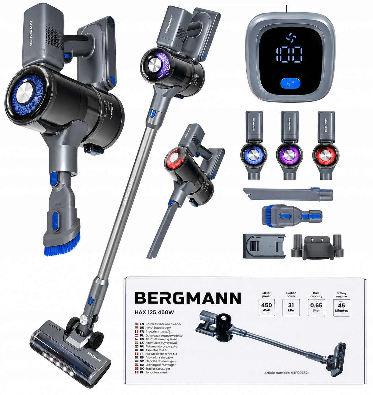 Cordless Vertical Vacuum Cleaner BERGMANN 450W PowerRing LED 3 Power Modes