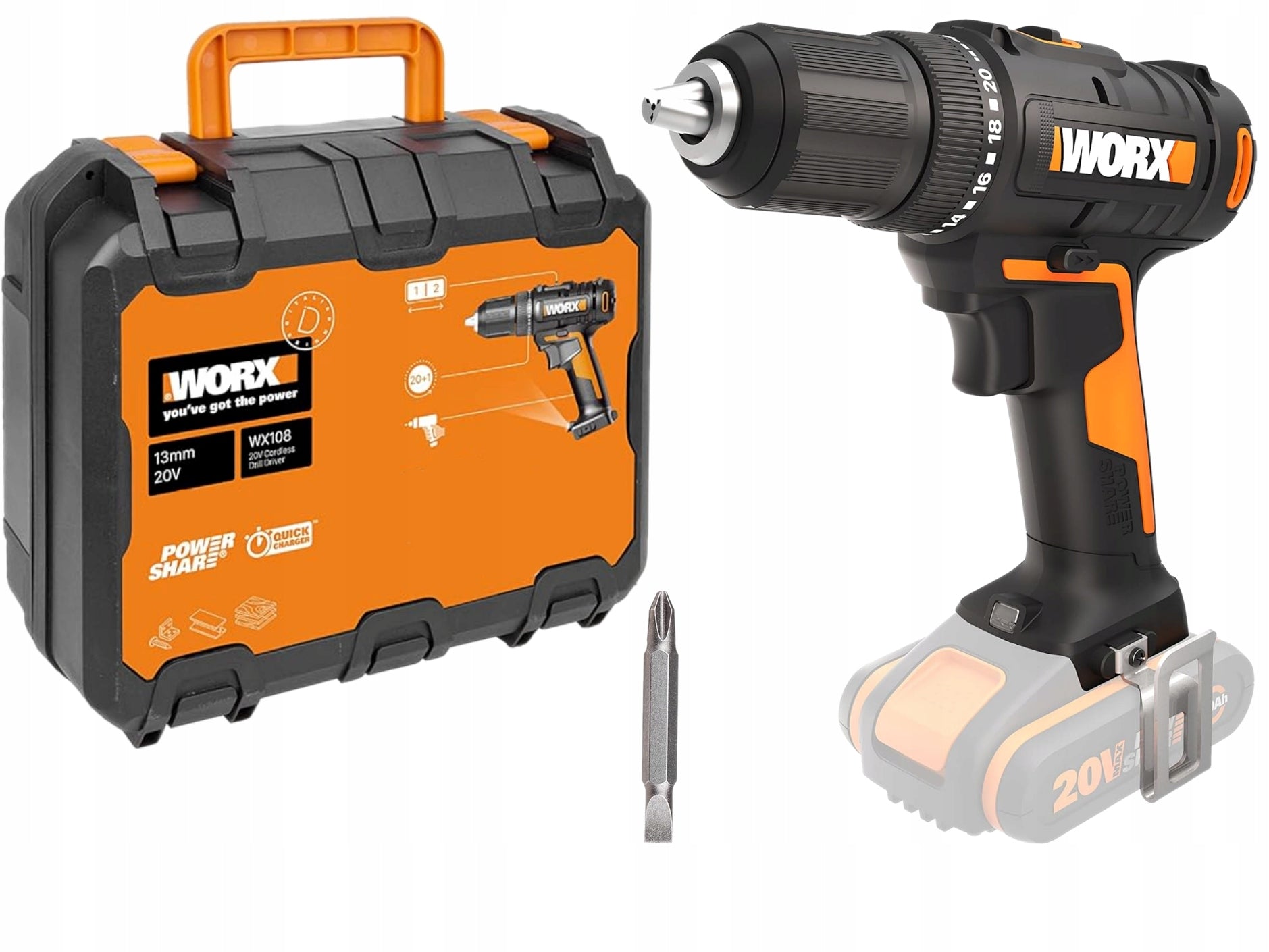 Cordless drill 20V WORX WX108.9 45 Nm SOLO SUITCASE
