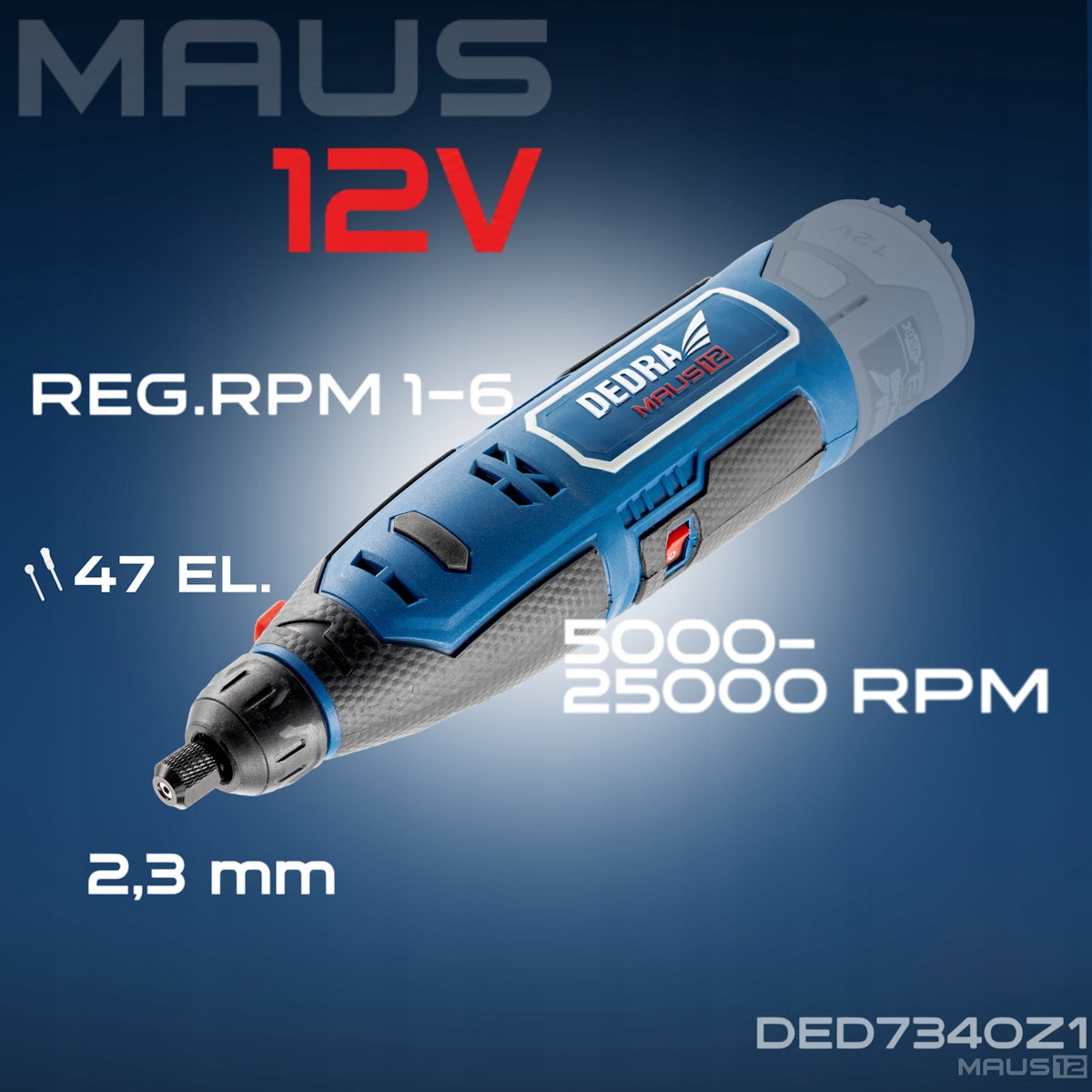 Cordless mini grinder 12V DEDRA MAUS rechargeable battery 2.0 Ah, USB-C set Power supply type rechargeable battery