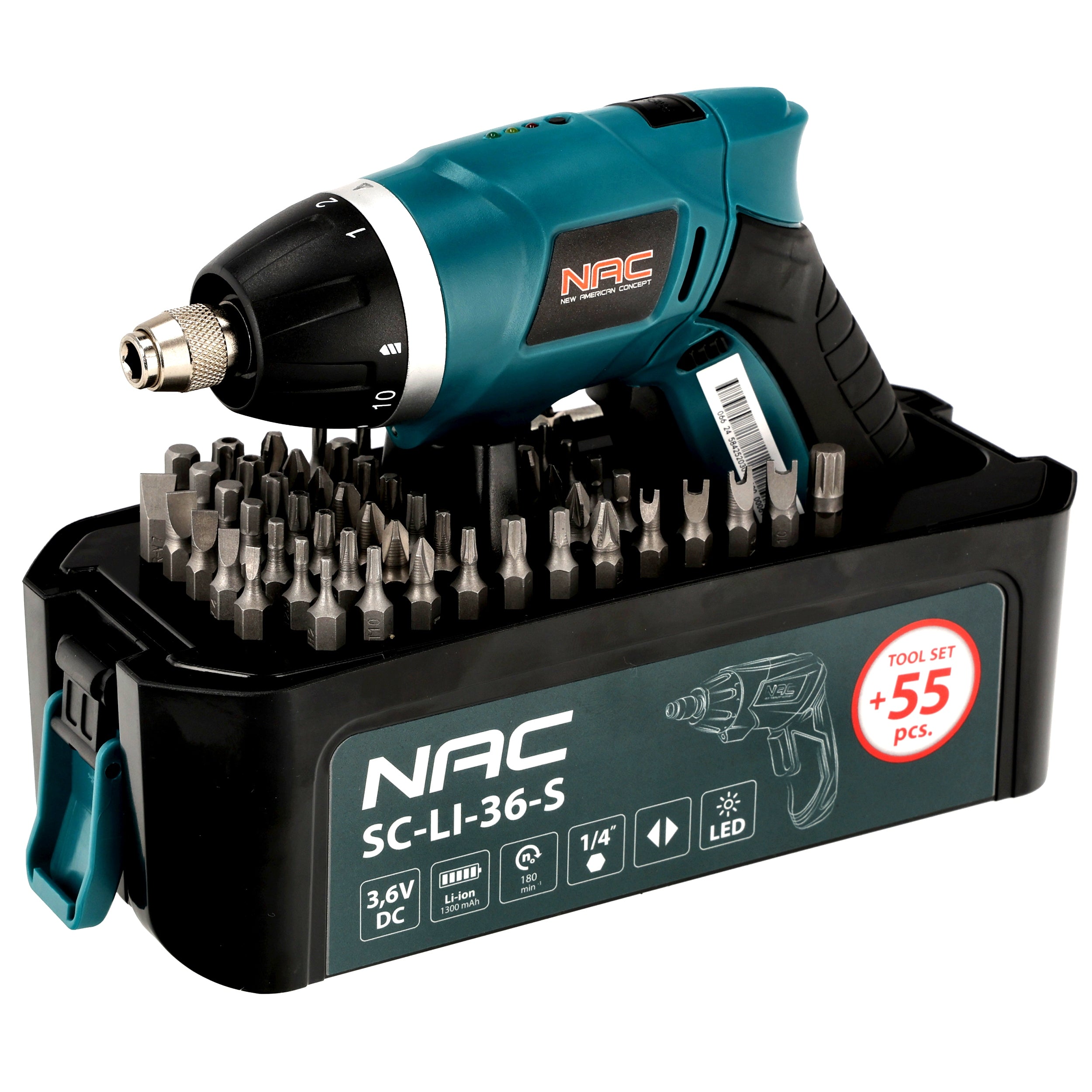 Cordless screwdriver 3,6V NAC SC-LI-36-S Bits 55pcs Body