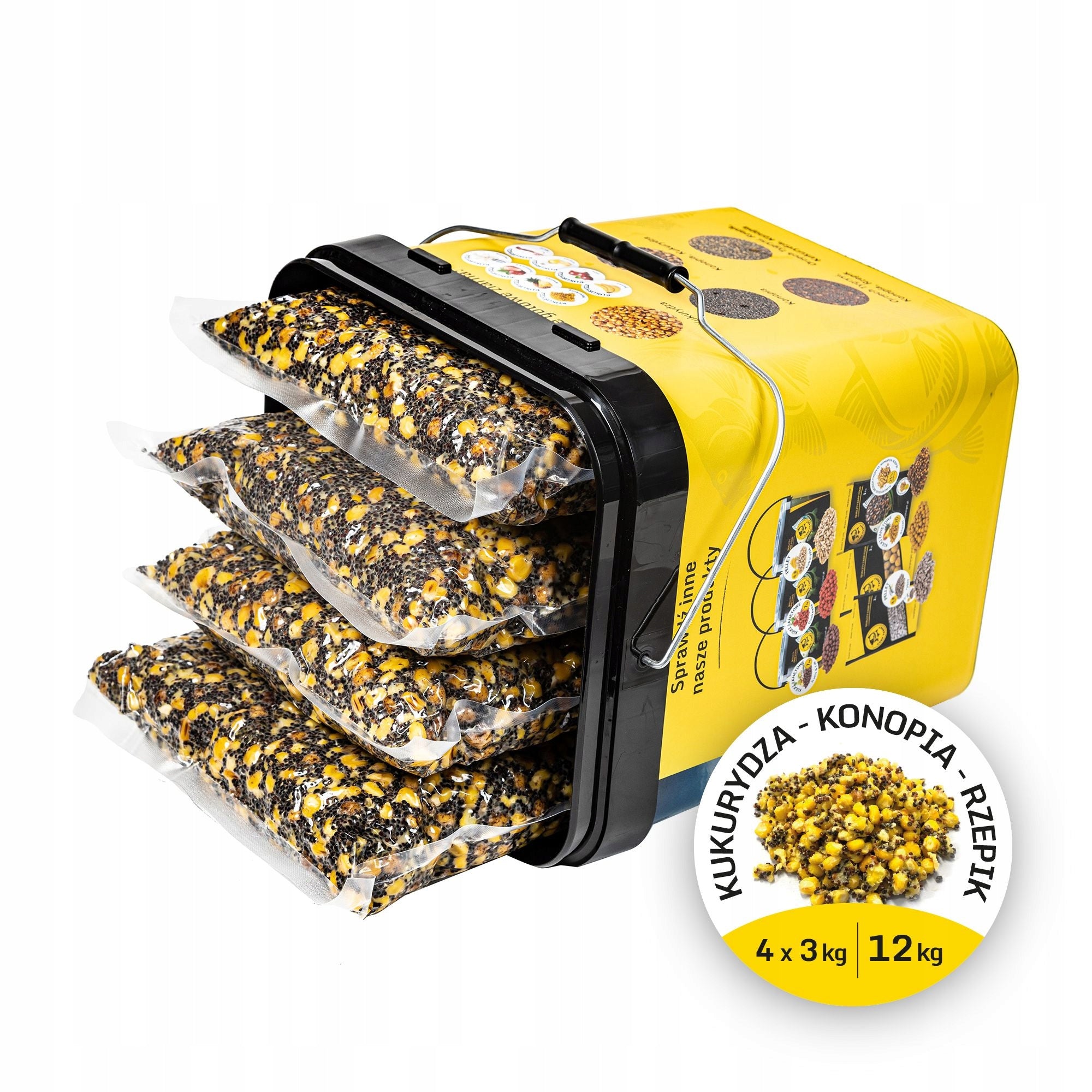 Corn Hemp Rapeseed MIX Grains Bait 12 kg (4x3kg) + Bucket 17L Packaging status original