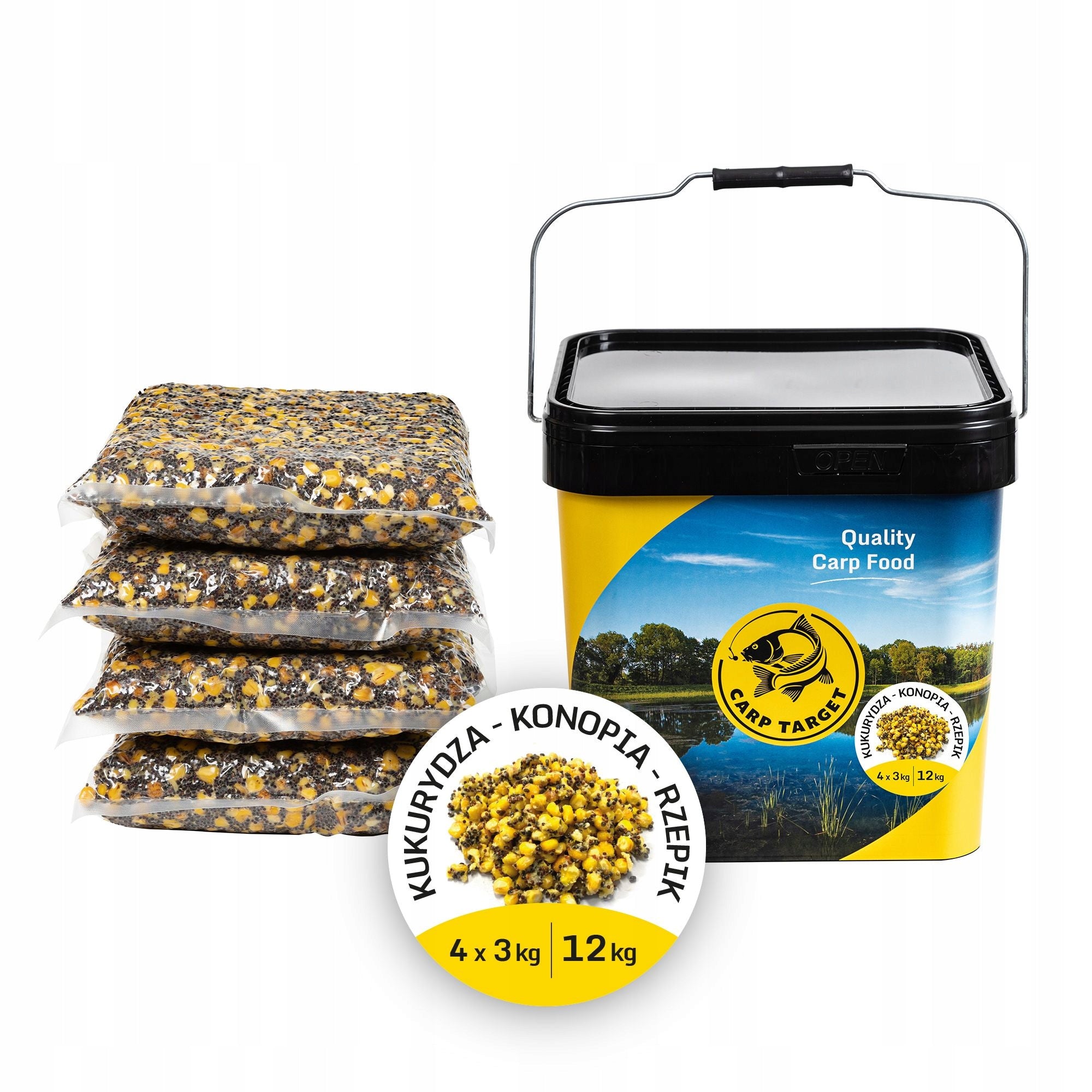Corn Hemp Rapeseed MIX Grains Bait 12 kg (4x3kg) + Bucket 17L