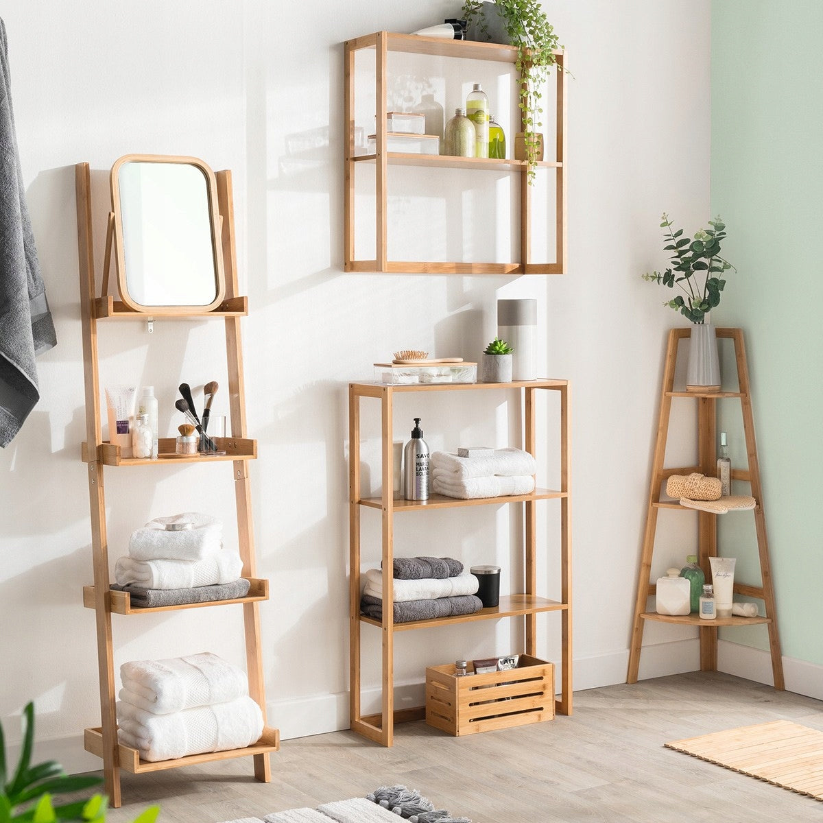 Corner Standing Bookcase 3x Bamboo Shelves With Cosmetic Shelves Cabinet Post Brand 5five Simply Smart