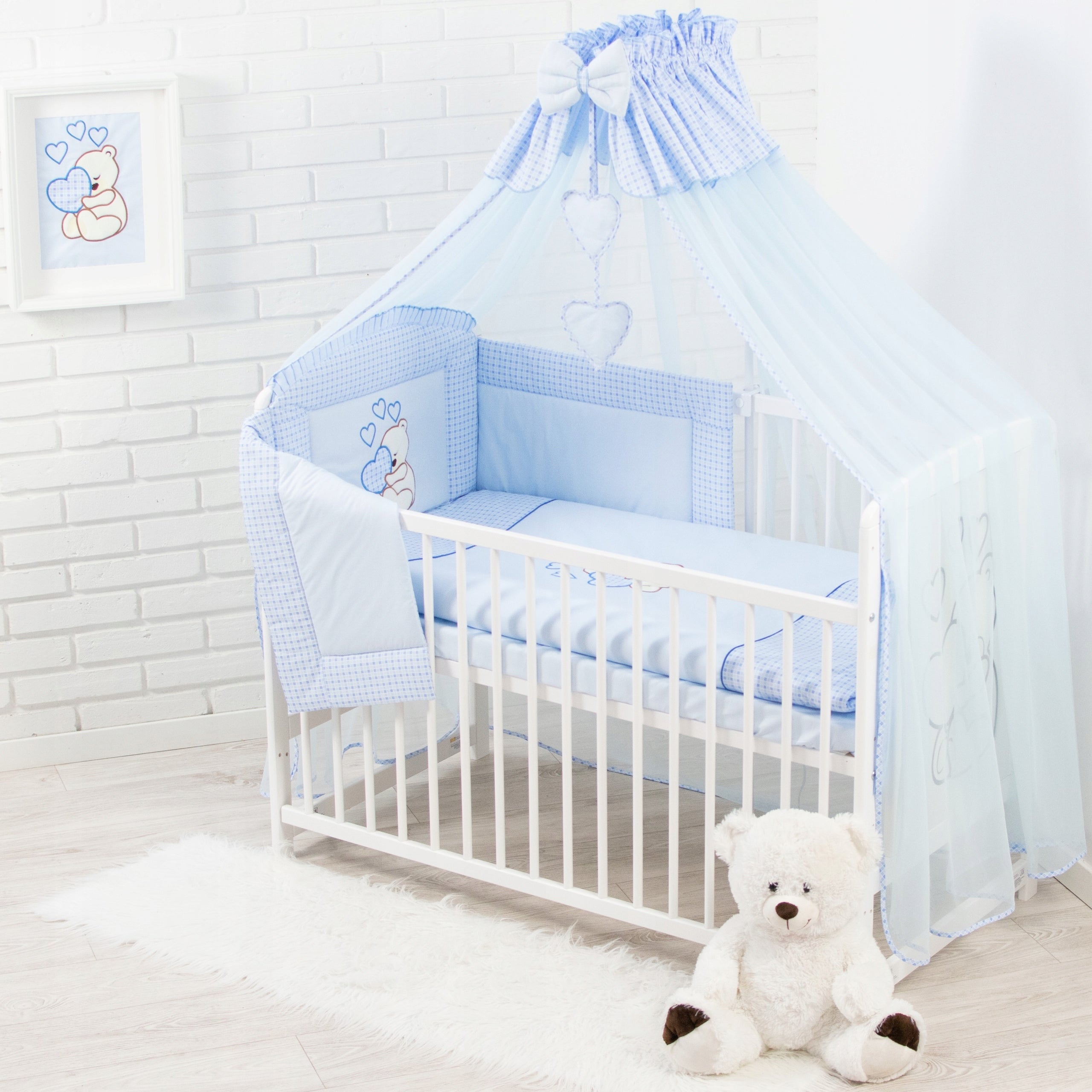 Cot 60x120 with Blue Bedding, Mattress and Canopy 13 pieces Brand Bello