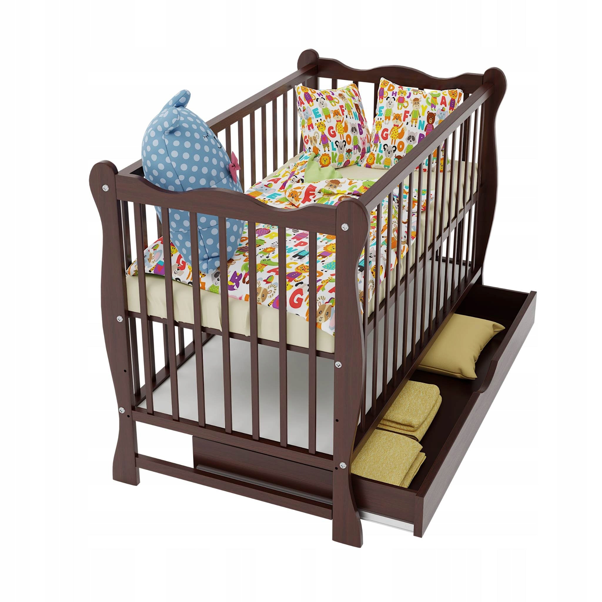 Cot JULIA drawer walnut with railing TAPCZANIK 120x60 Packaging status original