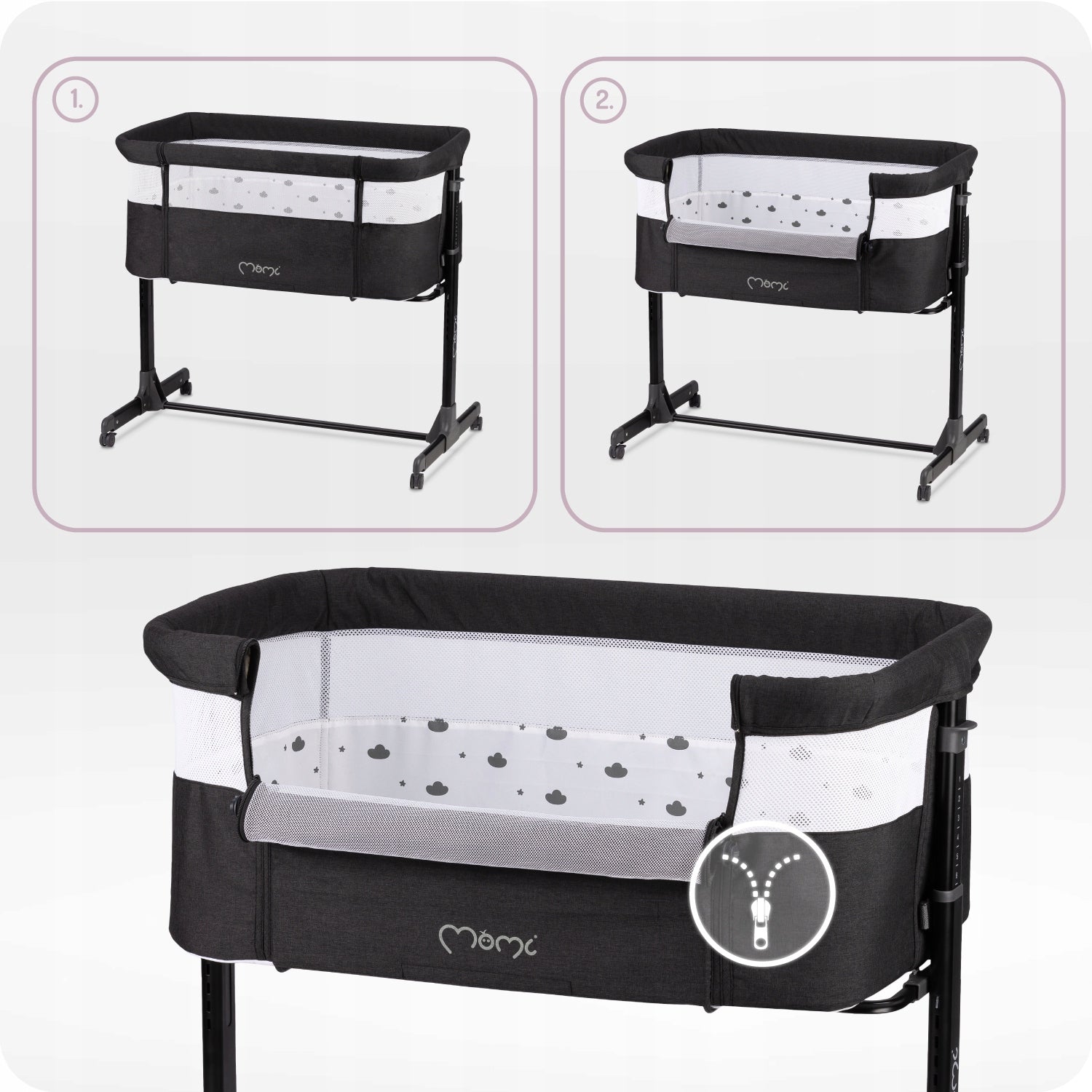 Cot MoMi REVO dark - mattress adjustment toy mosquito net Packaging status original