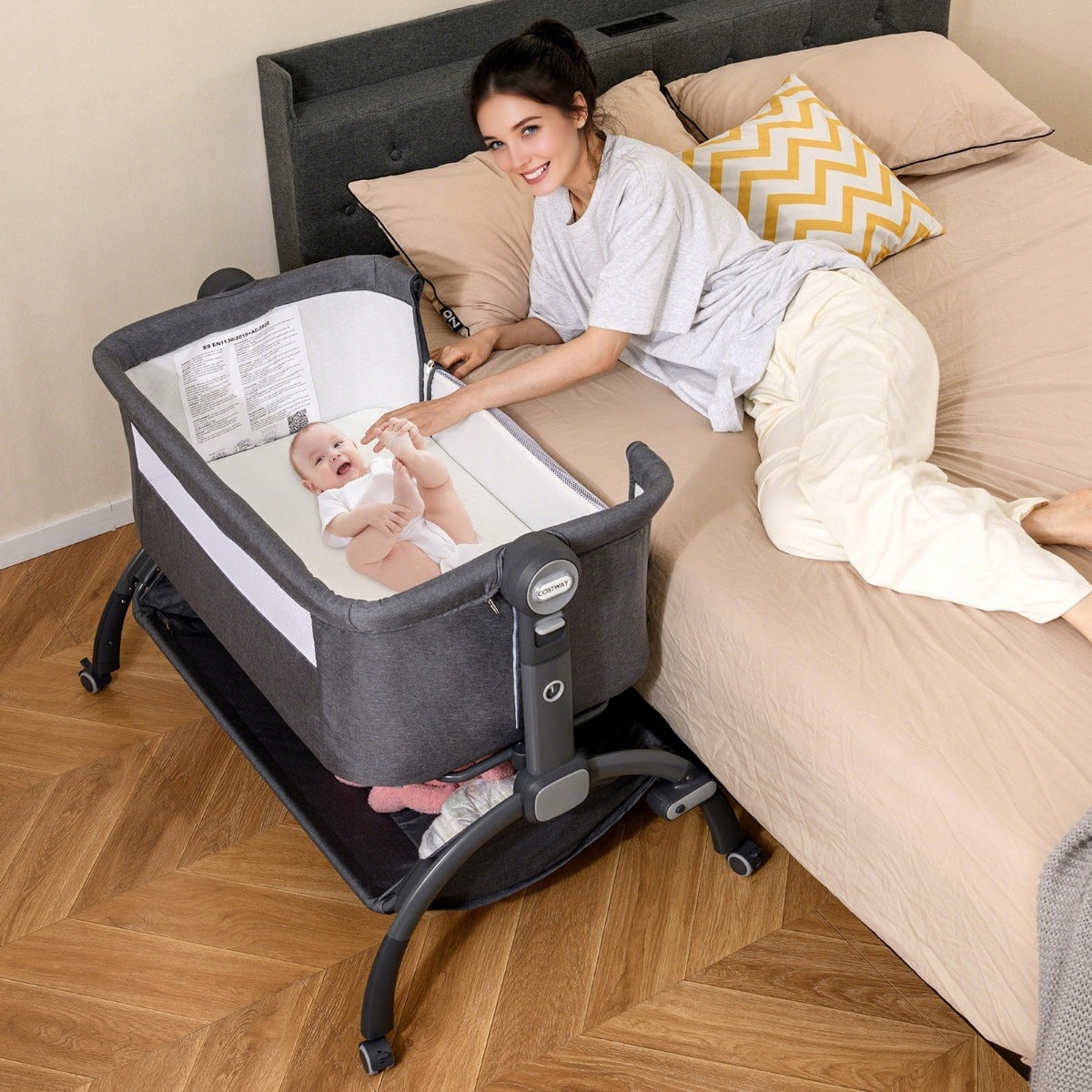 Cot travel bed children's extra bed height adjustable grey Brand Costway