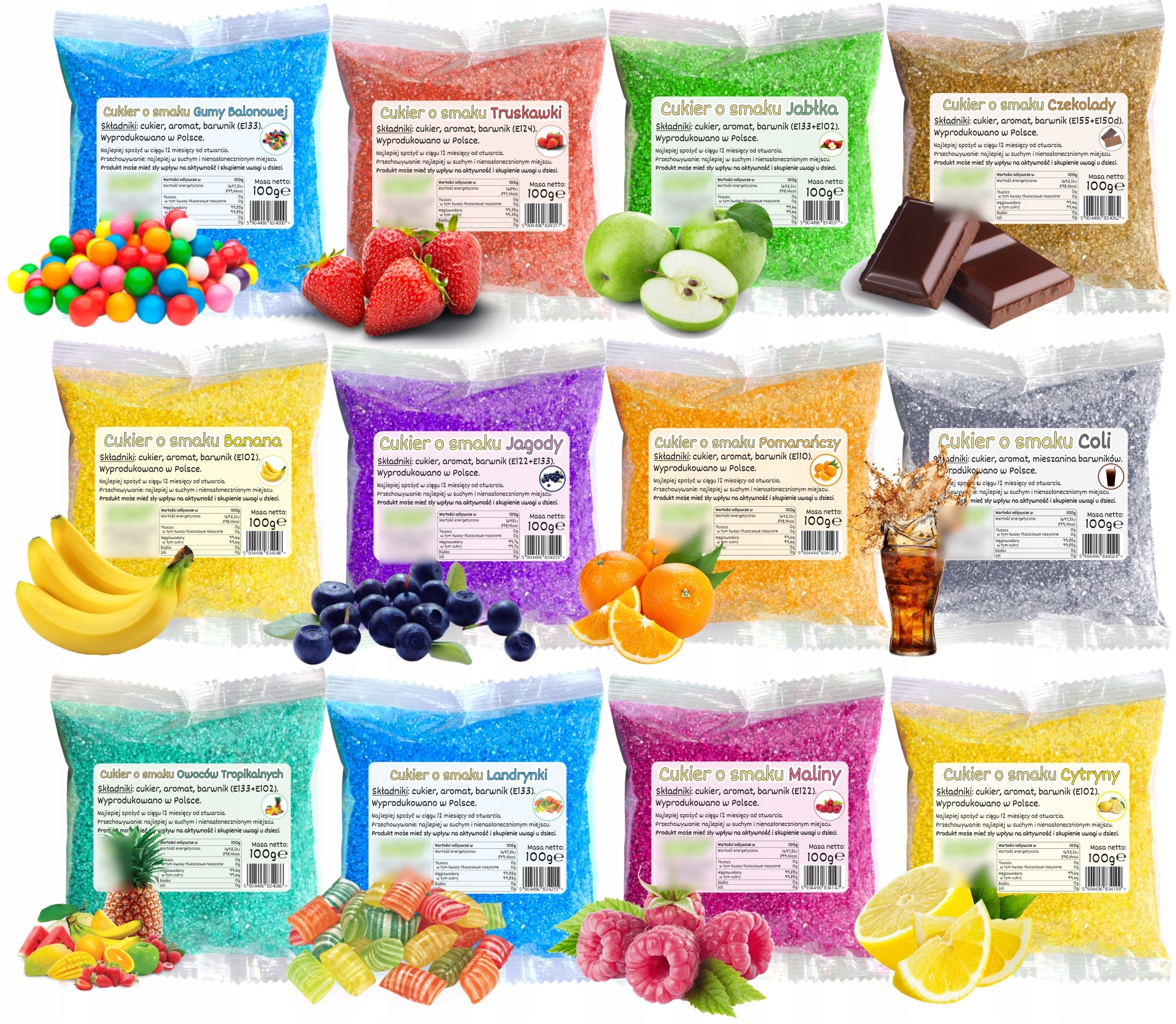 Cotton Candy Sugar 12x 100g Colorful in Sachets + Sprinkles Characters for Machine Manufacturer code CUKIER DO WATY-SET12-100G-SASZ