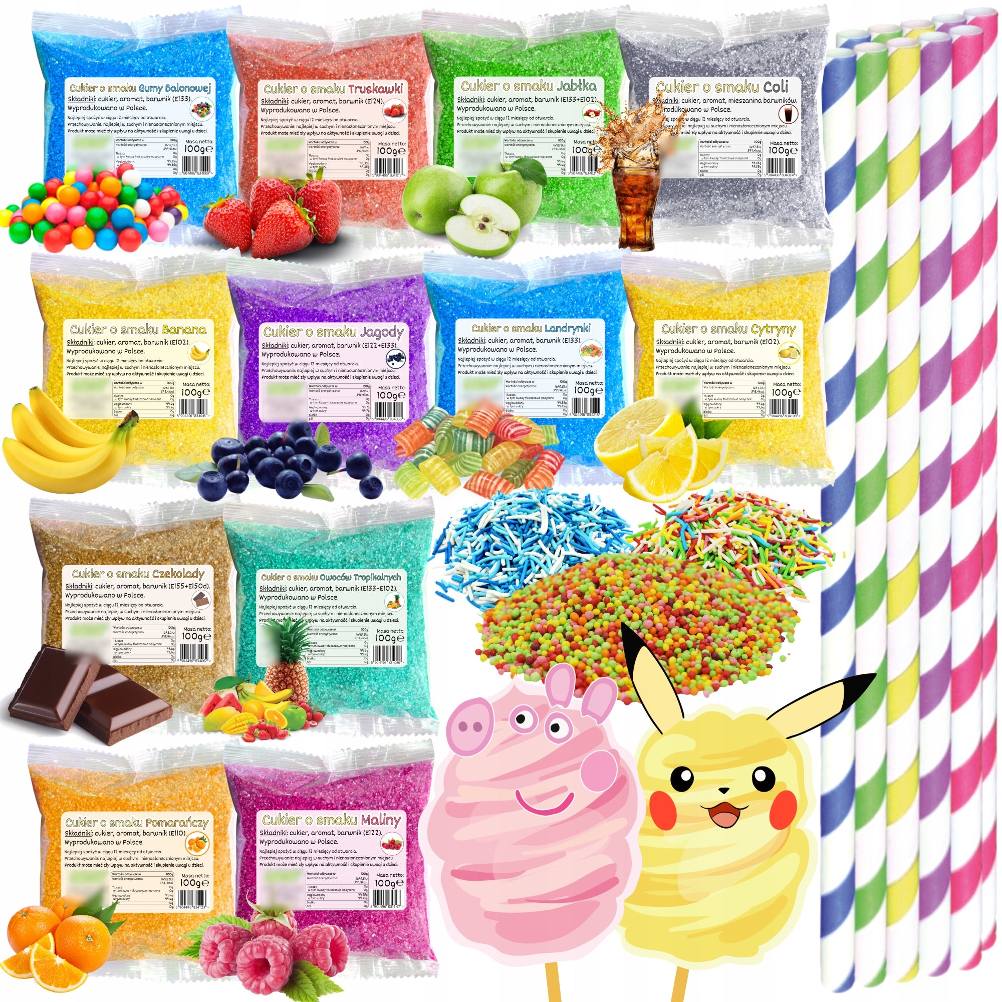 Cotton Candy Sugar 12x 100g Colorful in Sachets + Sprinkles Characters for Machine