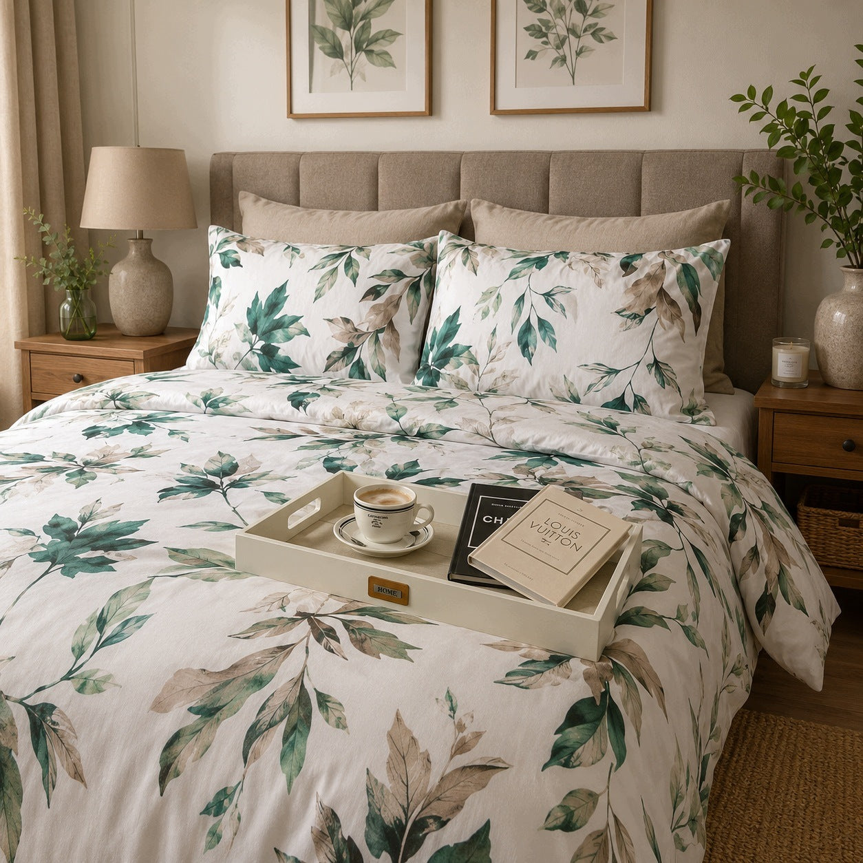 Cotton bedding set 160x200 thick green patterns leaves Poland Manufacturer code Bawełna komplet gruba biała wzory