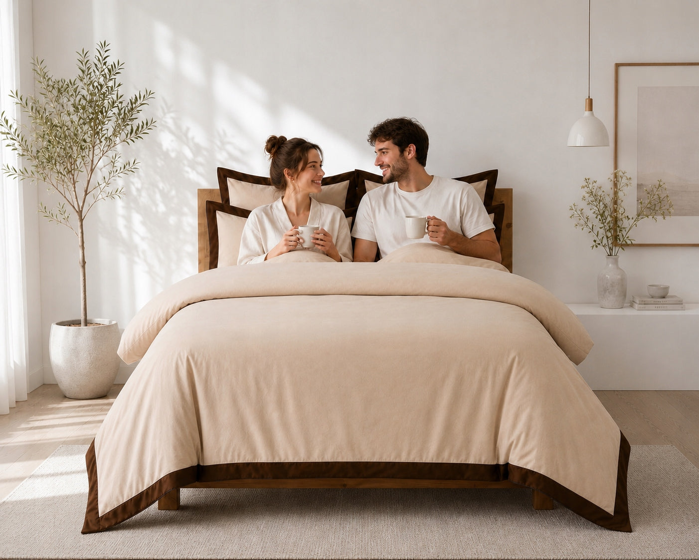 Cotton satin bedding 220x200 beige 2x70x80, brown Premium piping Brand no brand