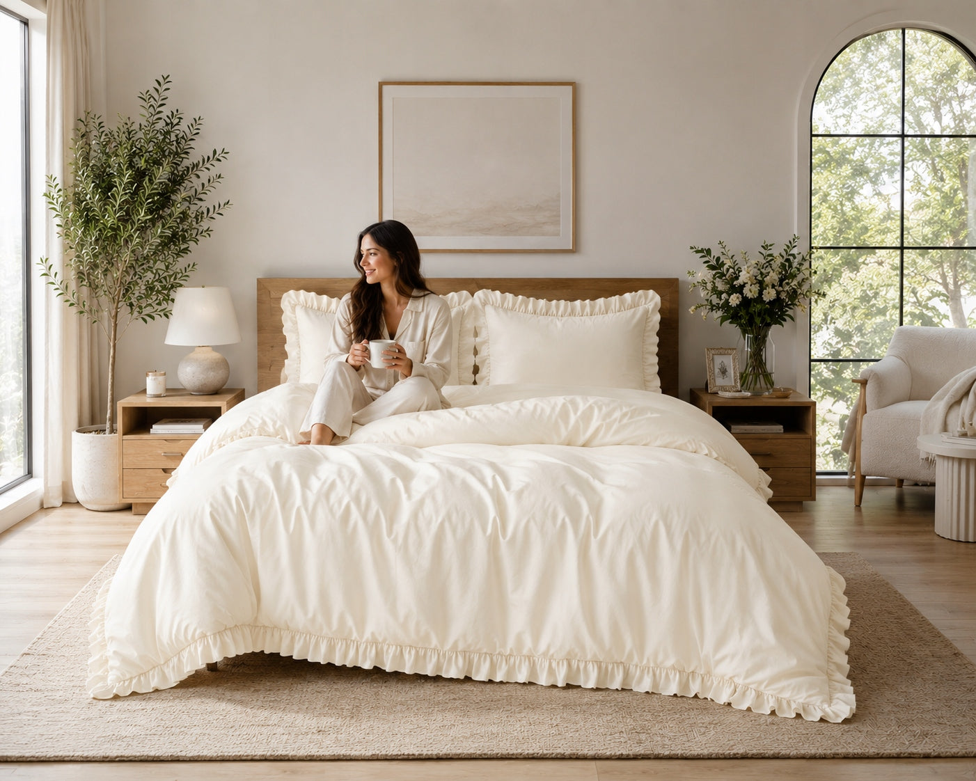 Cotton satin bedding 220x200 white with frills 2x70x80 Premium Brand no brand