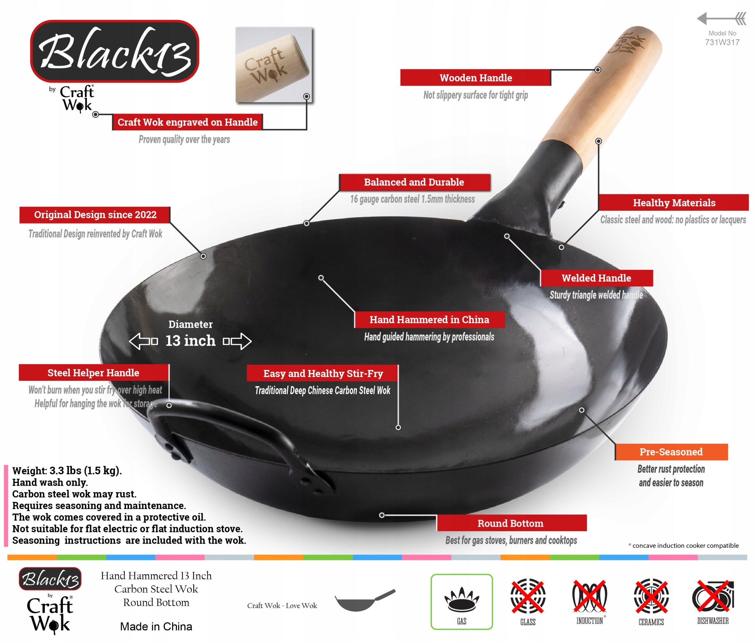 Craft Wok Black13 forged 33 cm carbon steel seasoned round bottom 731W317 Packaging status original