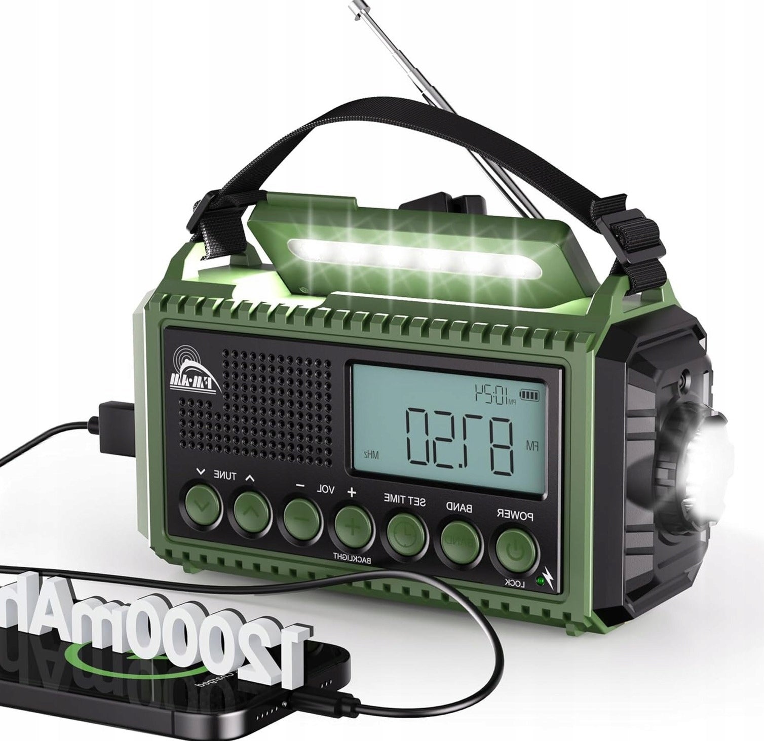 Crank radio portable camping flashlight powerbank alarm