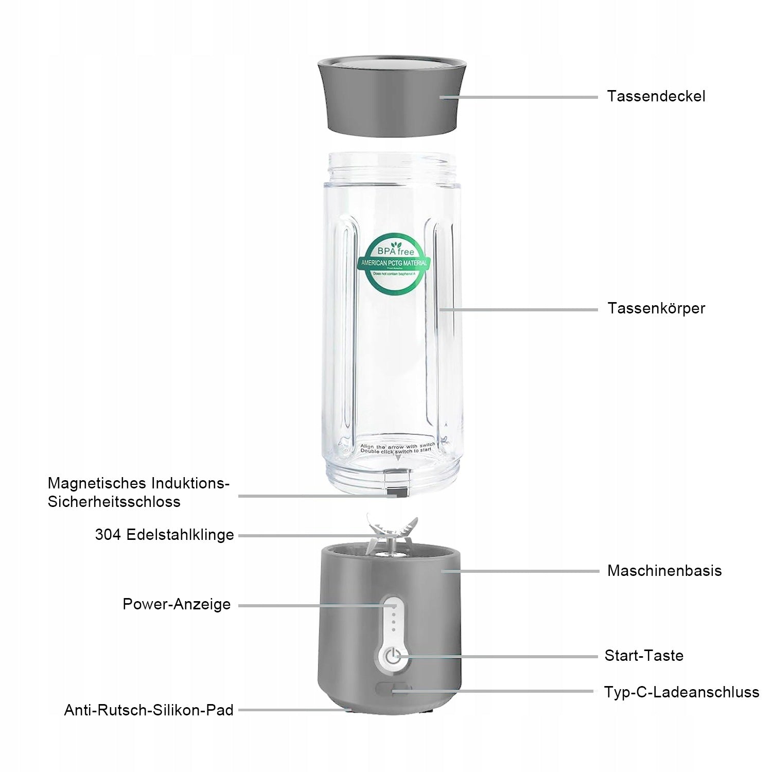 Cup Blender For Juice 6 Point Stainless Steel Blades Portable 500 ml GRAY Brand no brand