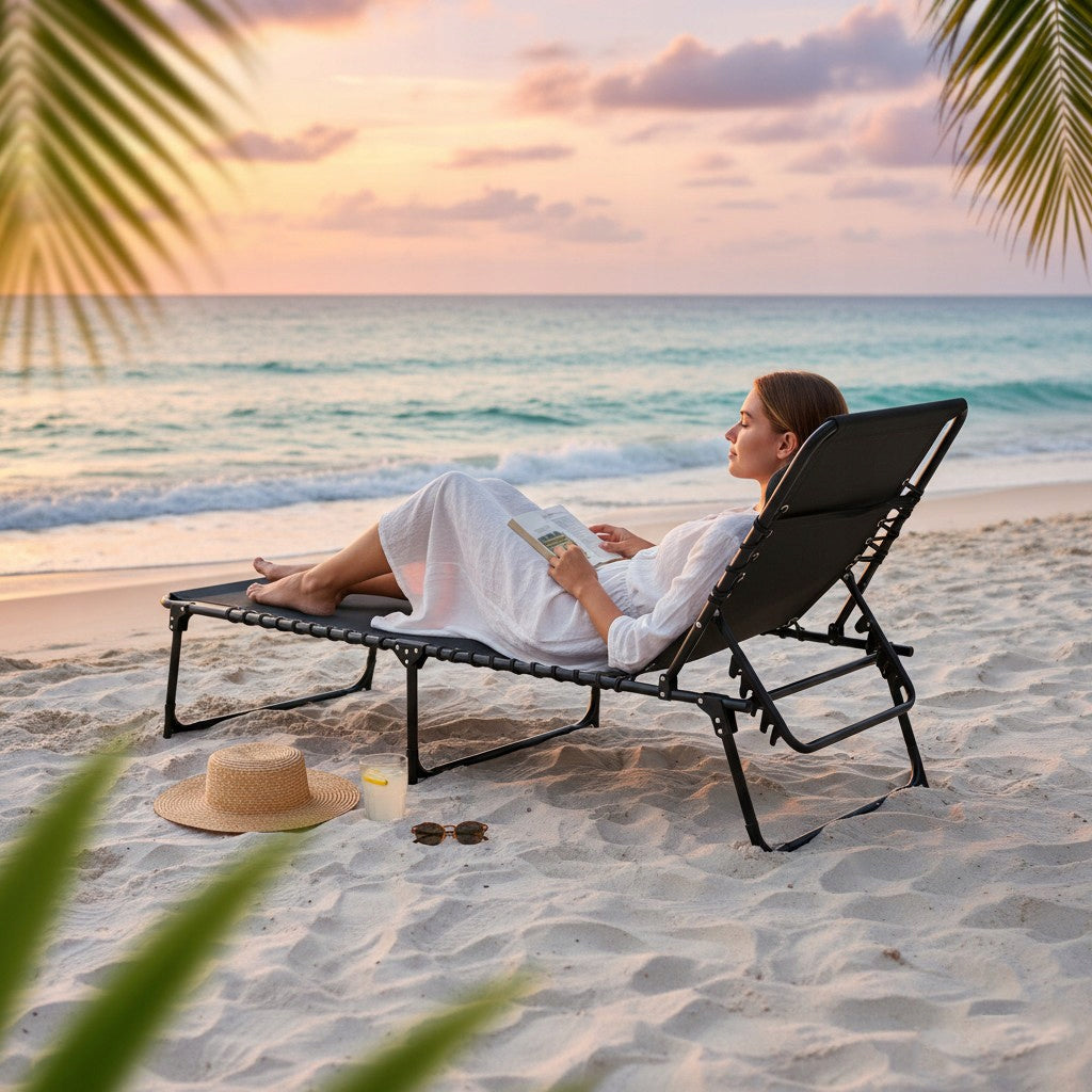 DECKCHAIR GARDEN CHAIR BLACK GOLIAT FOLDING ADJUSTABLE 2-IN-1 FIELD BED Packaging status original