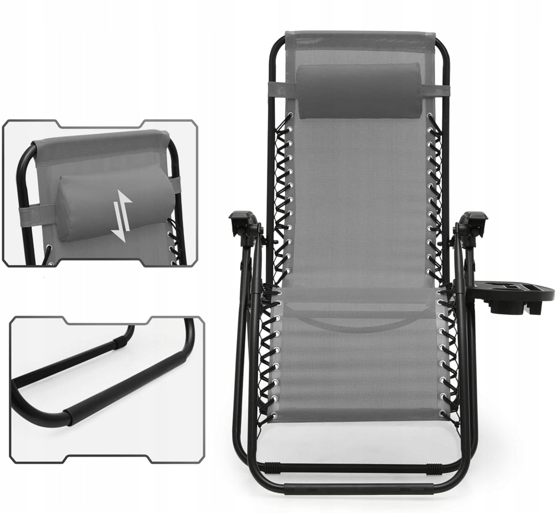 DECKCHAIR ZERO GRAVITY Folding Grey + SHELF Adjustable Comfort XXL Manufacturer code Leżak Zero Gravity Czarny + Półka